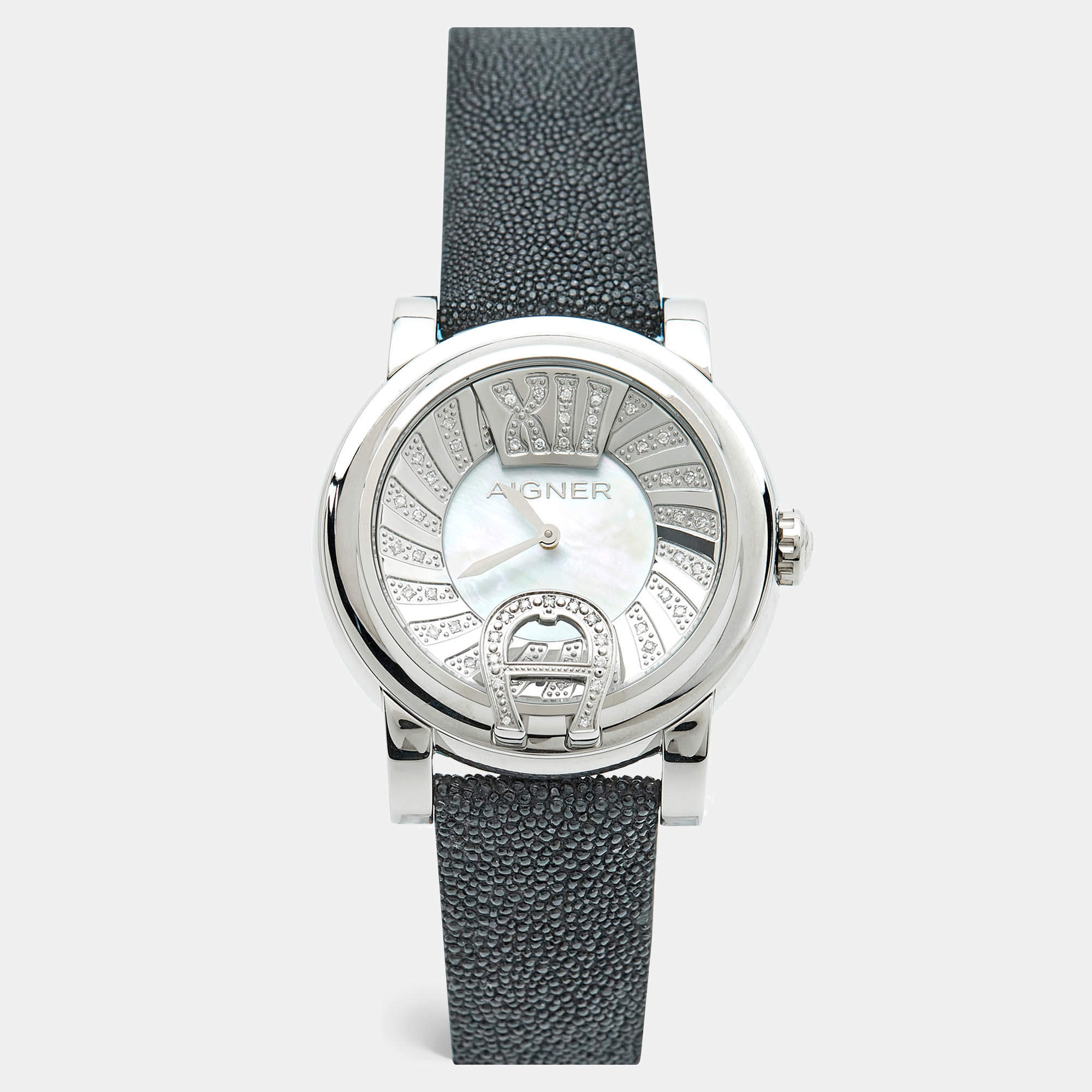 Pre Owned ساعة يد نسائية أيغنر باري دونا A37209 ألماس ستانلس ستيل صدف لؤلؤ أم جلد ستينغراي 42 مم