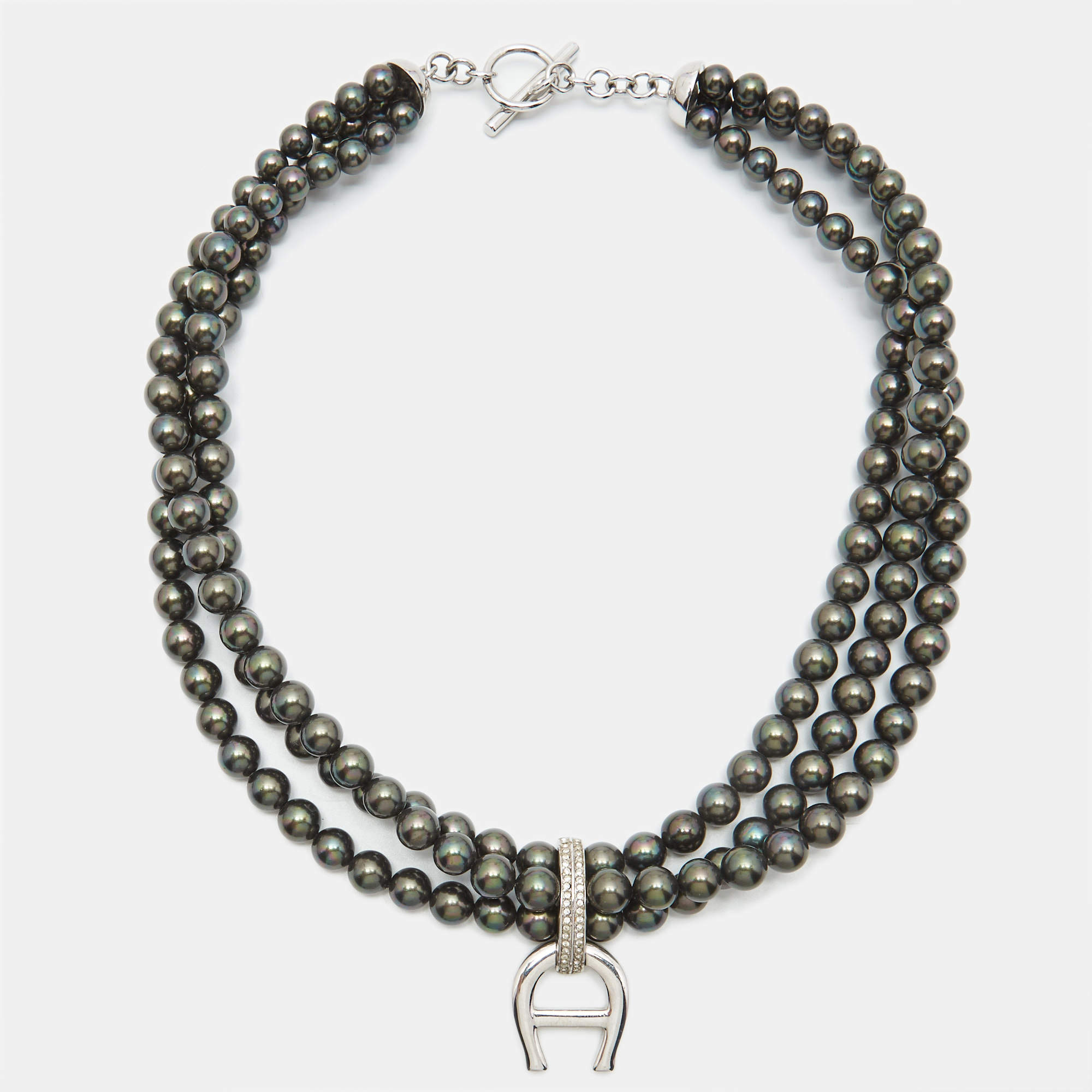 Pre Owned Aigner Logo Crystals Black Faux Pearls Silver Tone  Multistrand Necklace