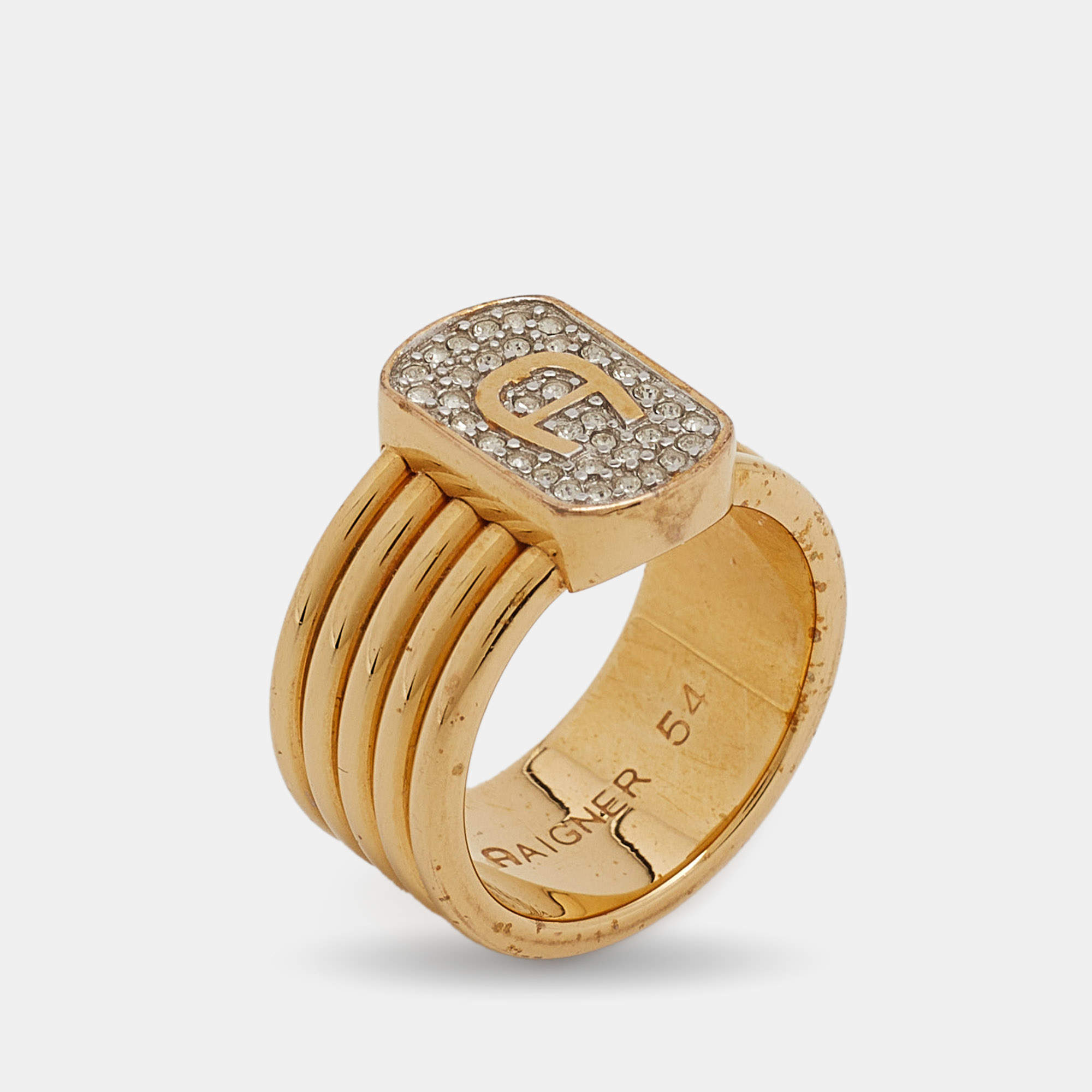 Aigner Gold Tone Crystal Logo Band Ring Size 54