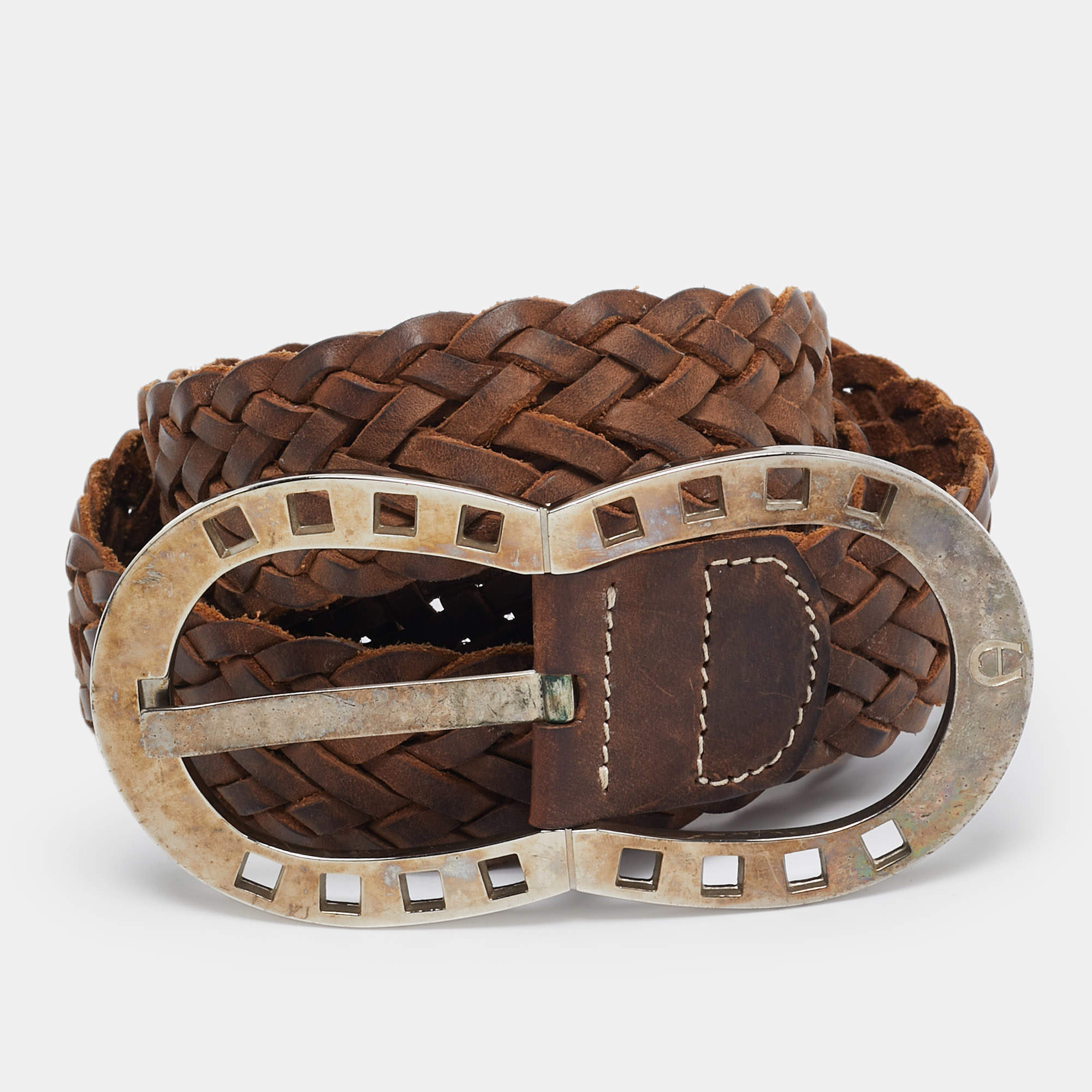 Pre Owned Aigner Brown Braided Leather Buckle Belt 90 CM
