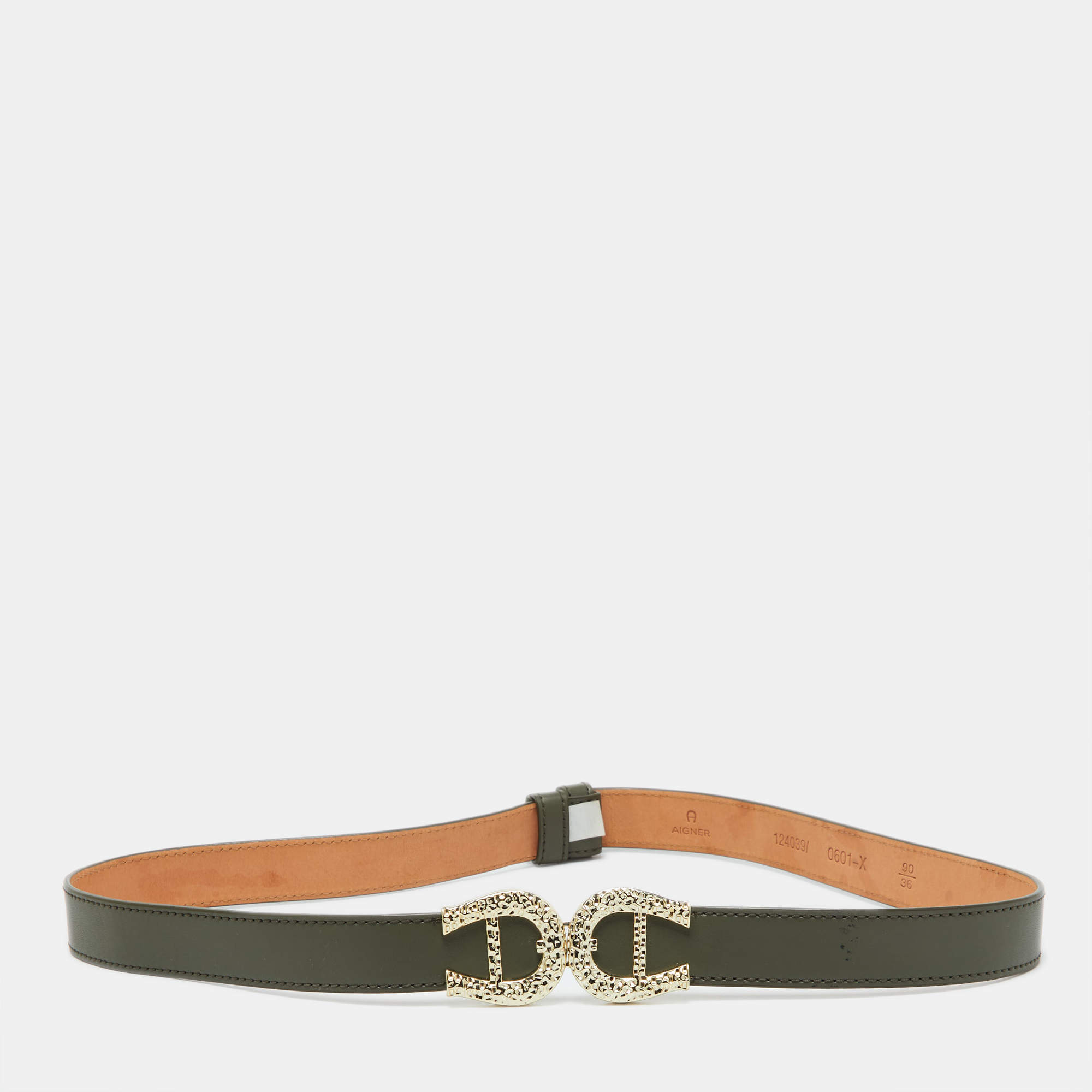 Pre Owned Aigner Olive Green Leather Logo Buckle Belt 90CM