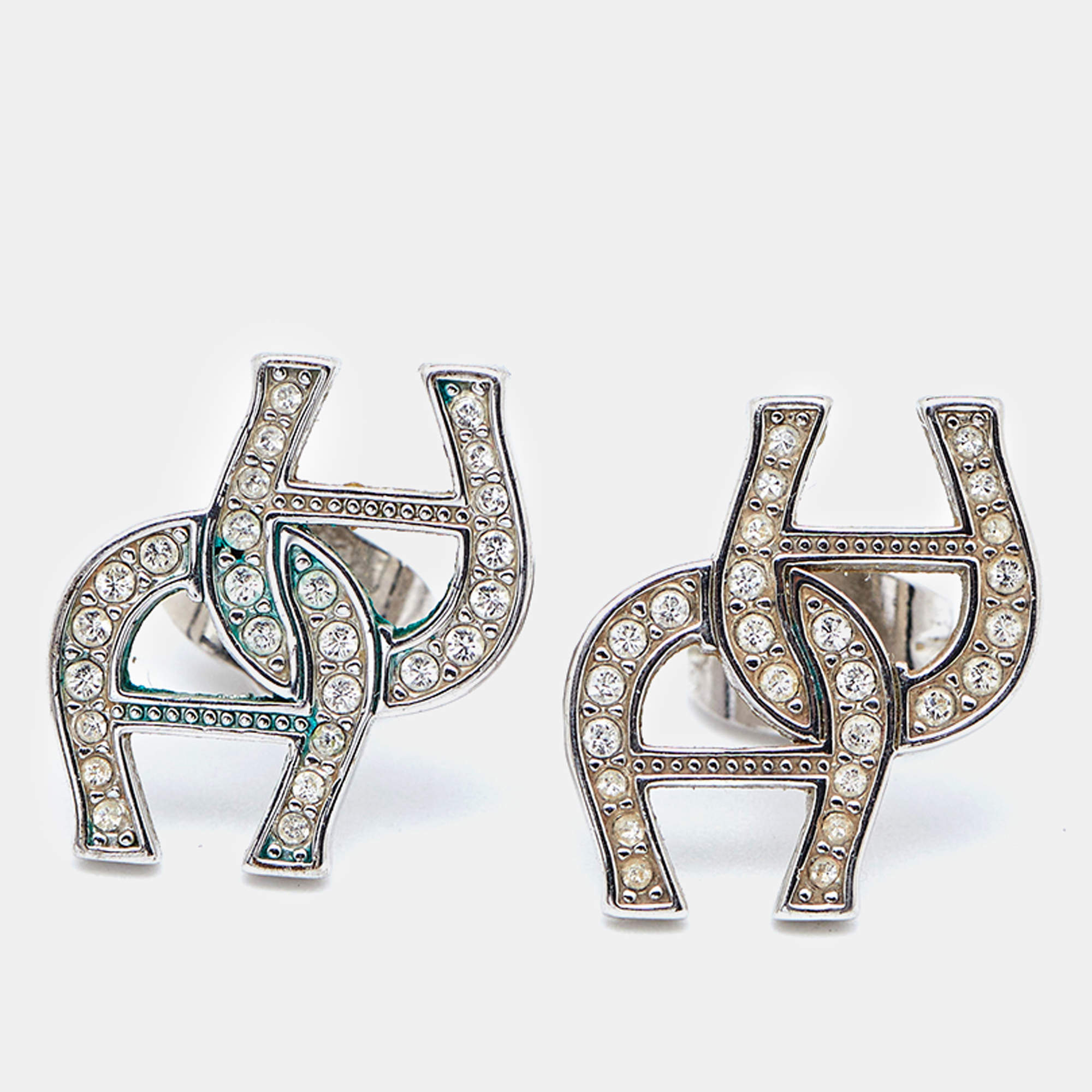Pre Owned Aigner Logo Crystal Embellished Silver Tone Earrings