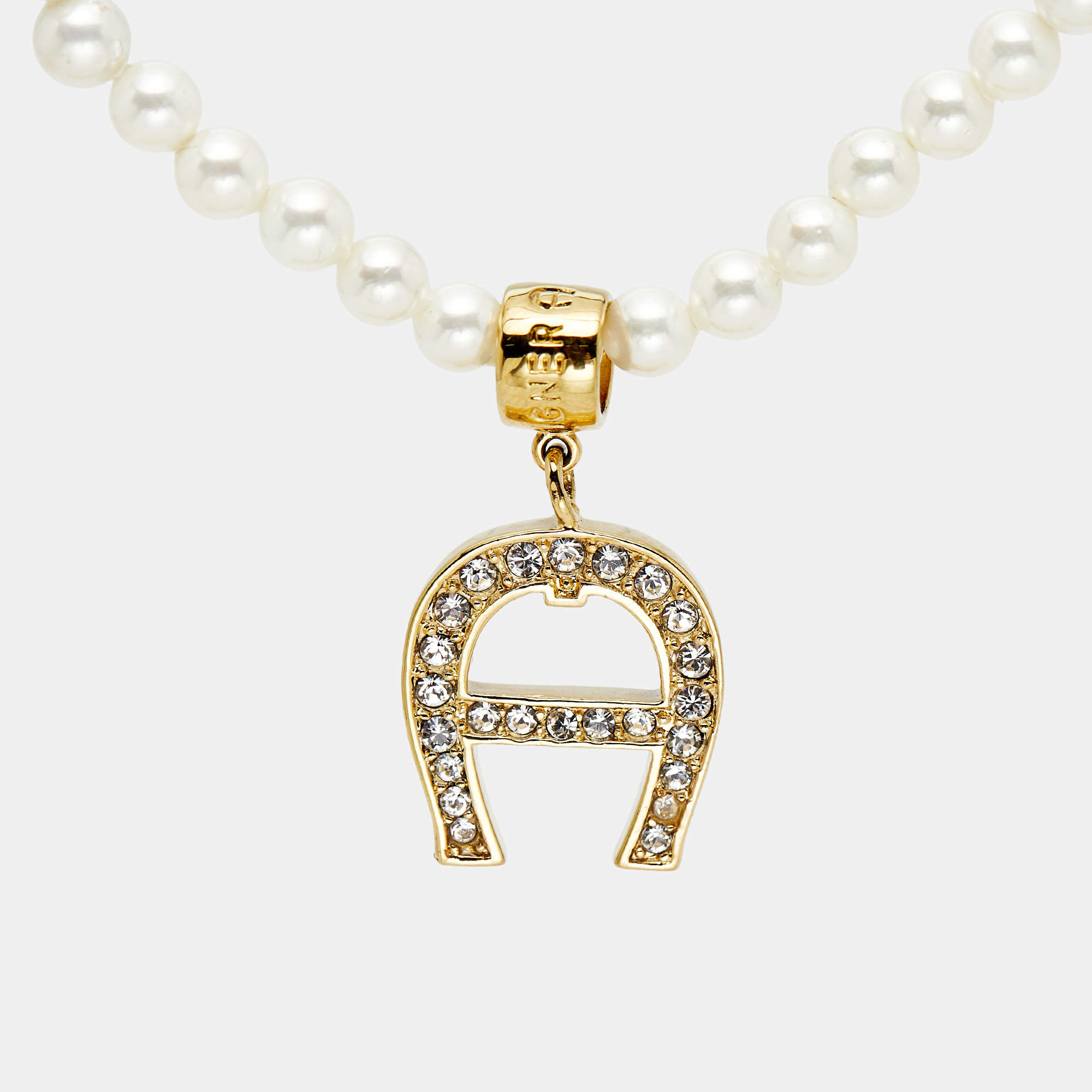 Aigner Logo Faux Pearl Crystal Gold Tone Necklace