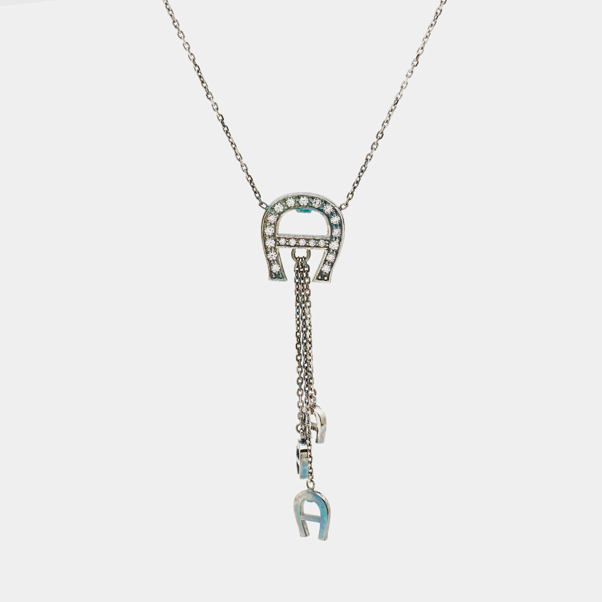 Aigner Logo Crystals Sterling Silver Pendant Necklace
