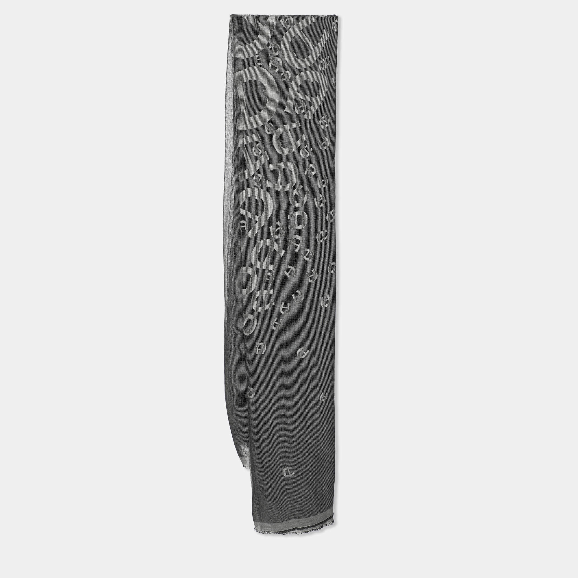 Aigner Grey Viscose Blend Horseshoe Logo Fringed Scarf