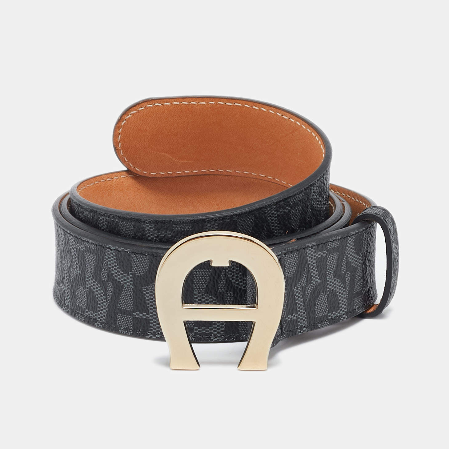 Aigner Grey/Black Signature Coated Canvas Insignia Belt 90CM