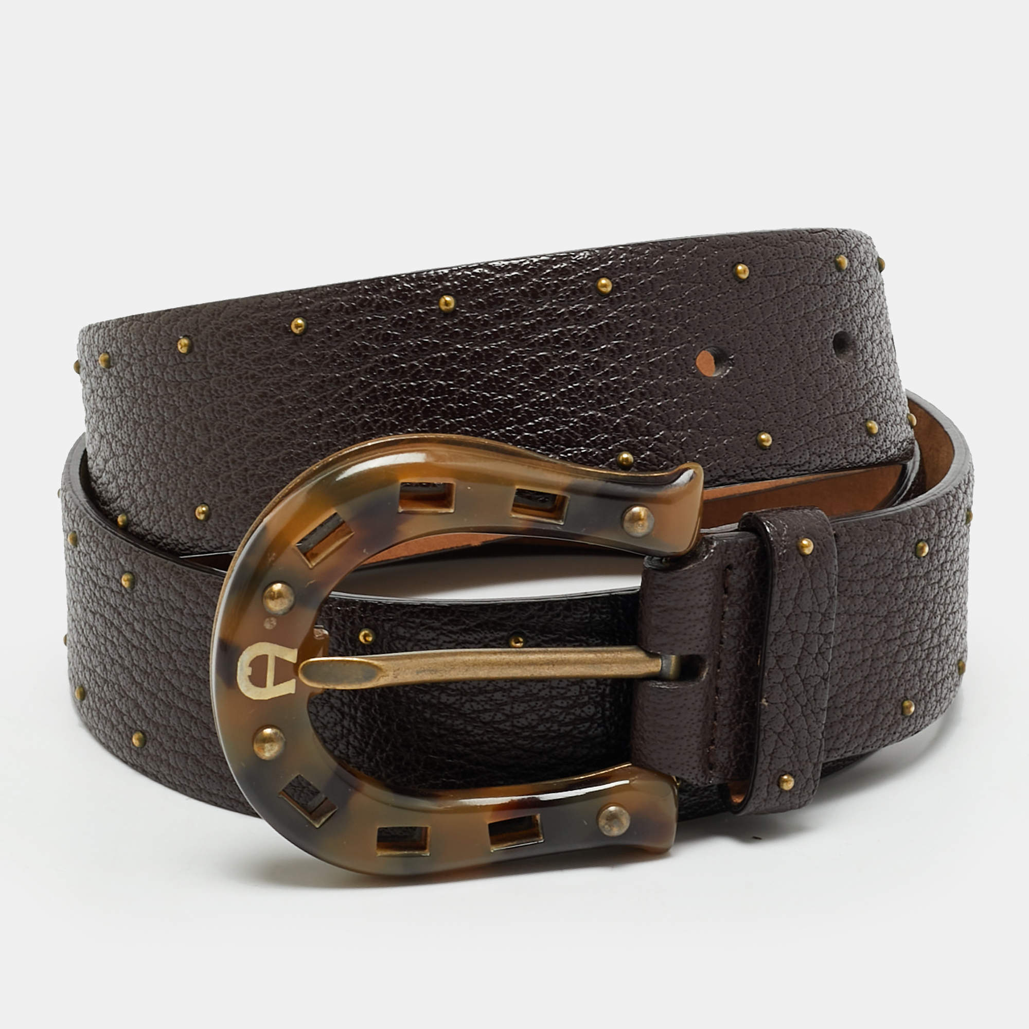 مملوكة مسبقًا Aigner Studded 90 CM Buckle Belt Dark Brown Leather
