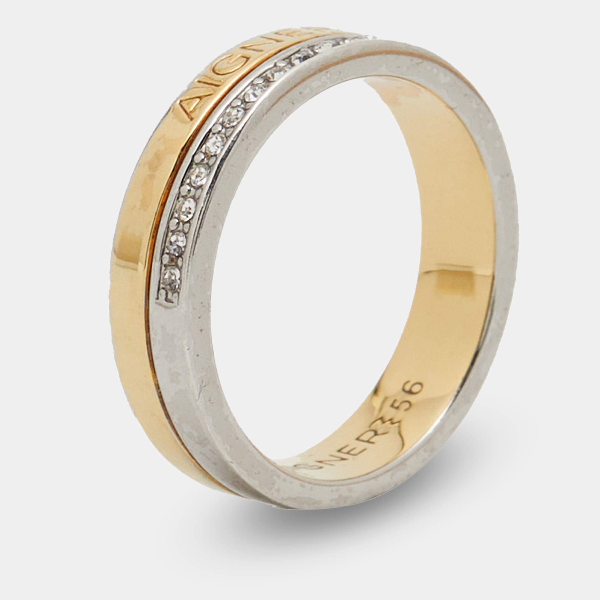Pre Owned Aigner Crystals Two Tone Ring Size 56