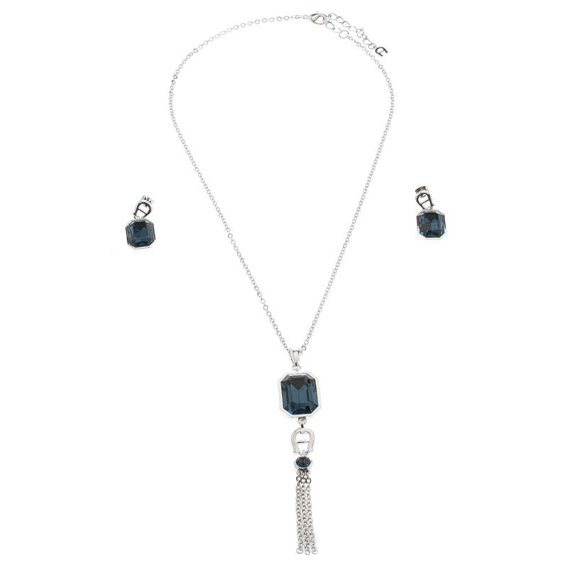 Pre Owned Aigner Blue Crystal Silver Tone Pendant Earring Set 