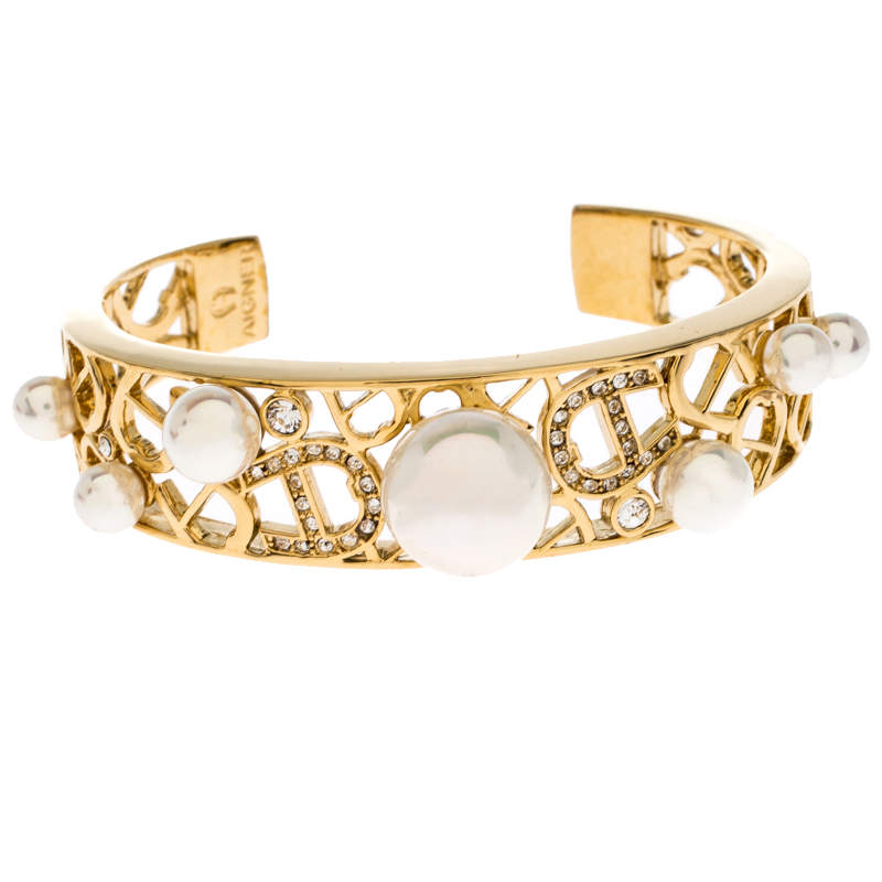 Pre Owned Aigner Crystal Faux Pearl Gold Tone Open Cuff Bracelet