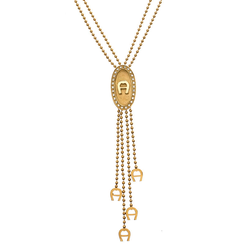Pre Owned Aigner Gold Plated Crystal Paved Logo Charm Tasseled Necklace