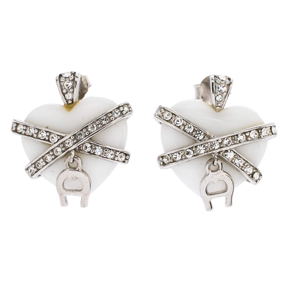 Aigner Crystal Resin Heart Charm Silver Tone Earrings