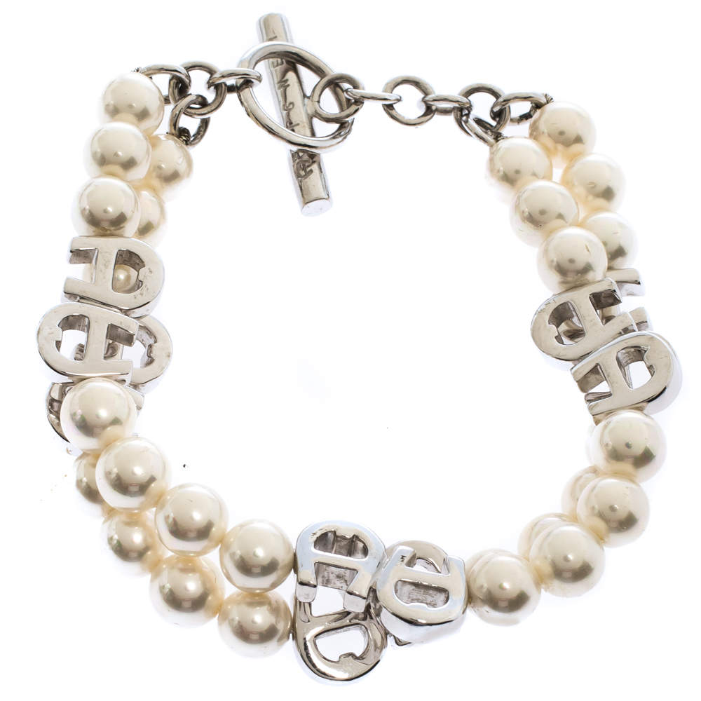 Pre Owned Aigner Faux Pearl Silver Tone Double Strand Toggle Bracelet