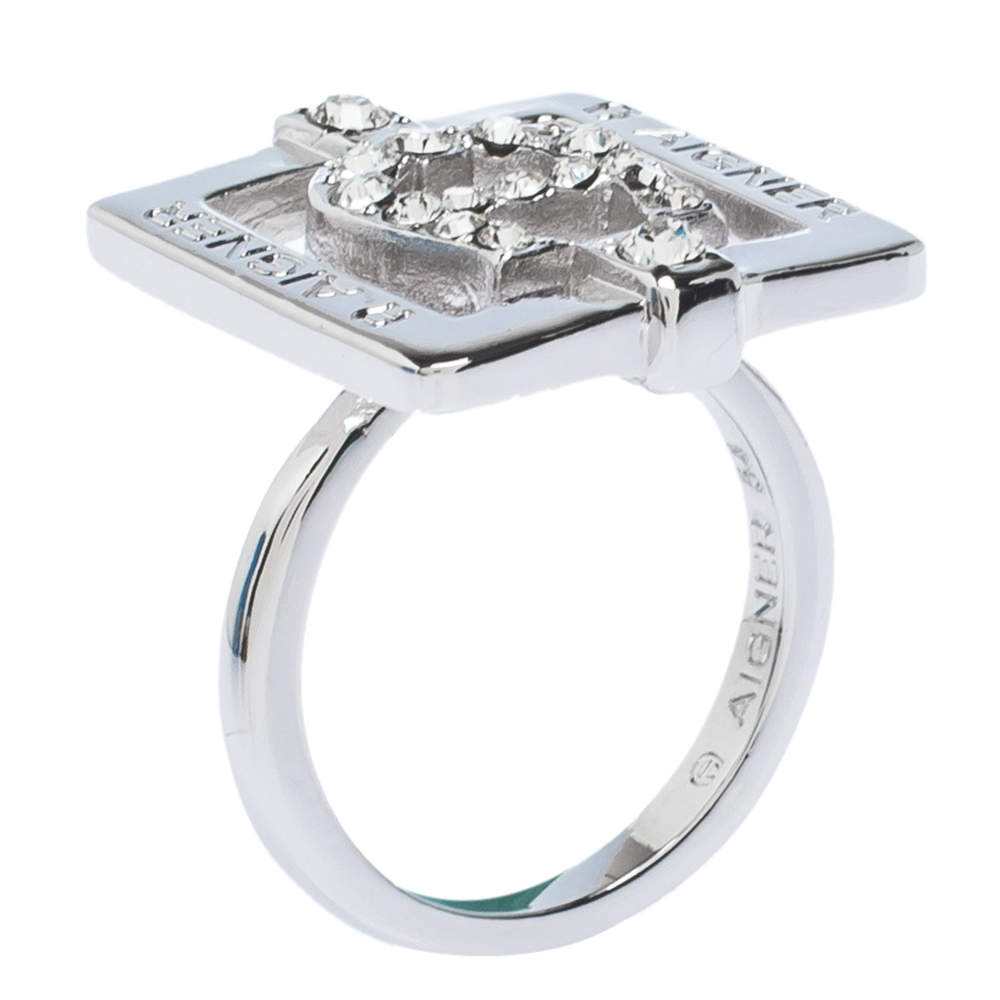 Aigner Crystal Studded Silver Tone Square Ring Size 54