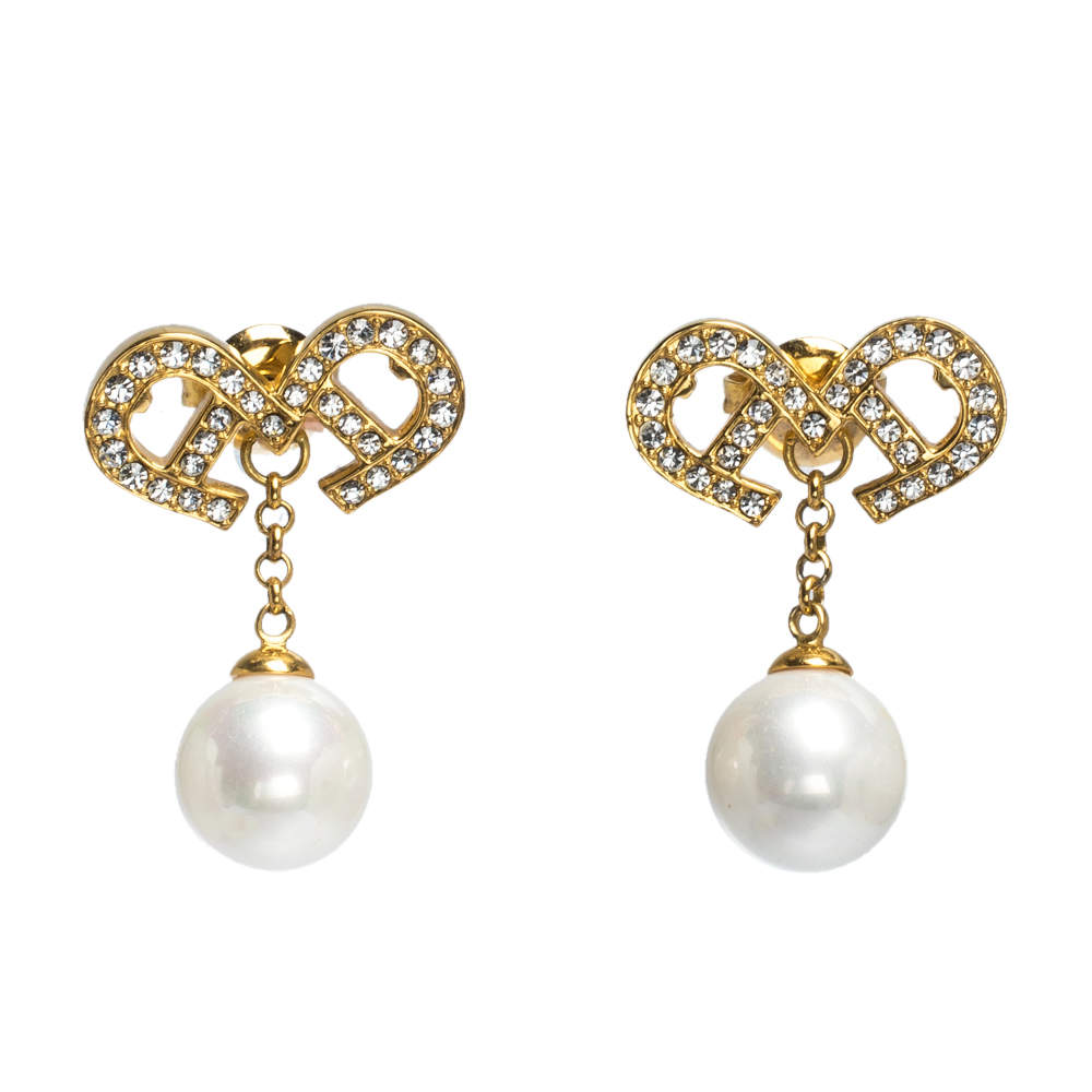 Pre Owned Aigner Gold Tone Faux Pearl Crystal Drop Earrings