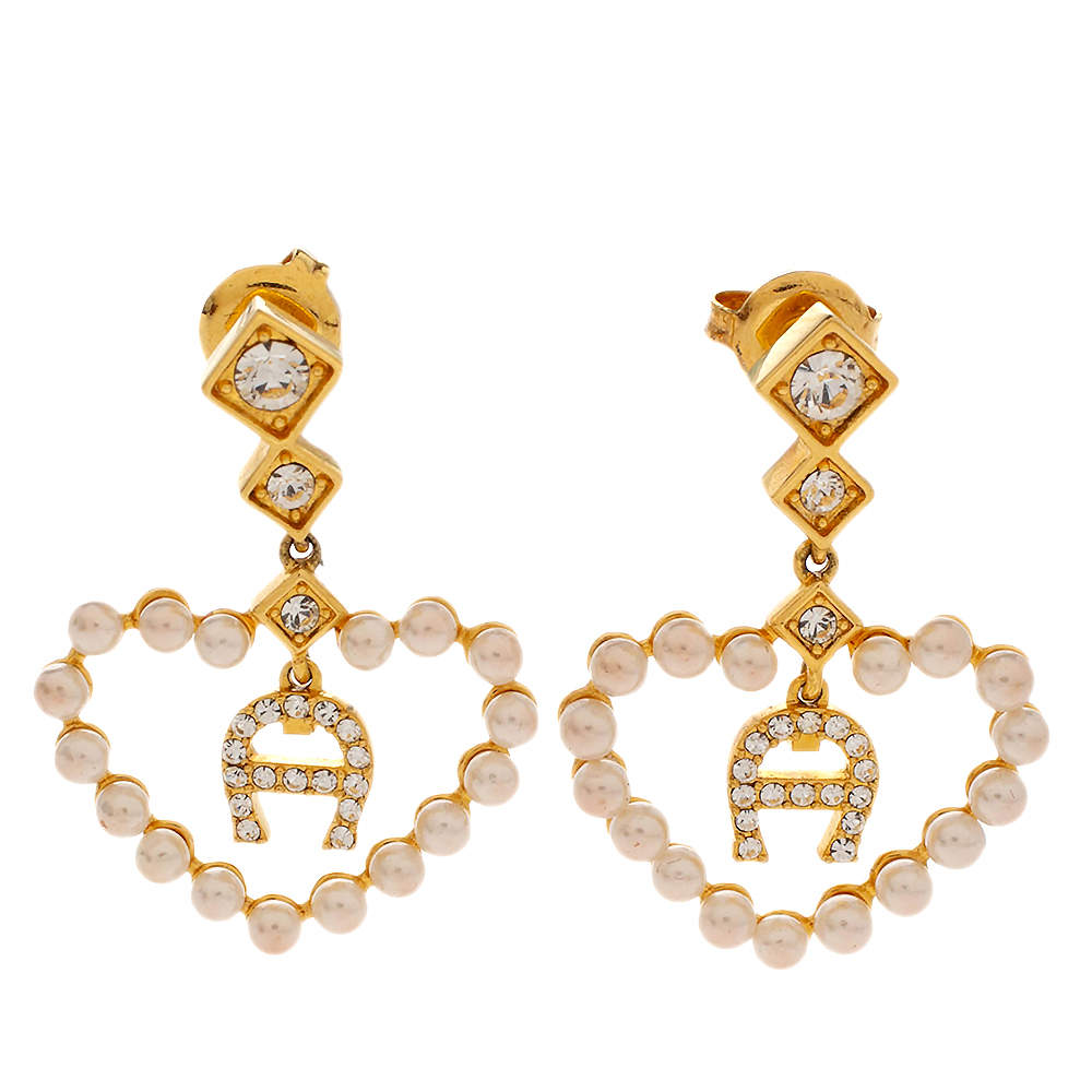 مملوكة مسبقًا Aigner Faux Pearl Heart Crystal Gold Tone Drop Earrings