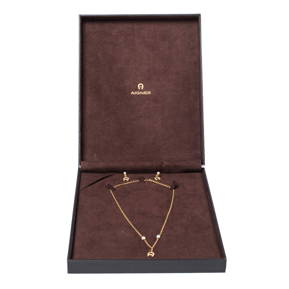 Aigner Crystal Logo Gold Tone Necklace and Earrings Set Aigner TLC