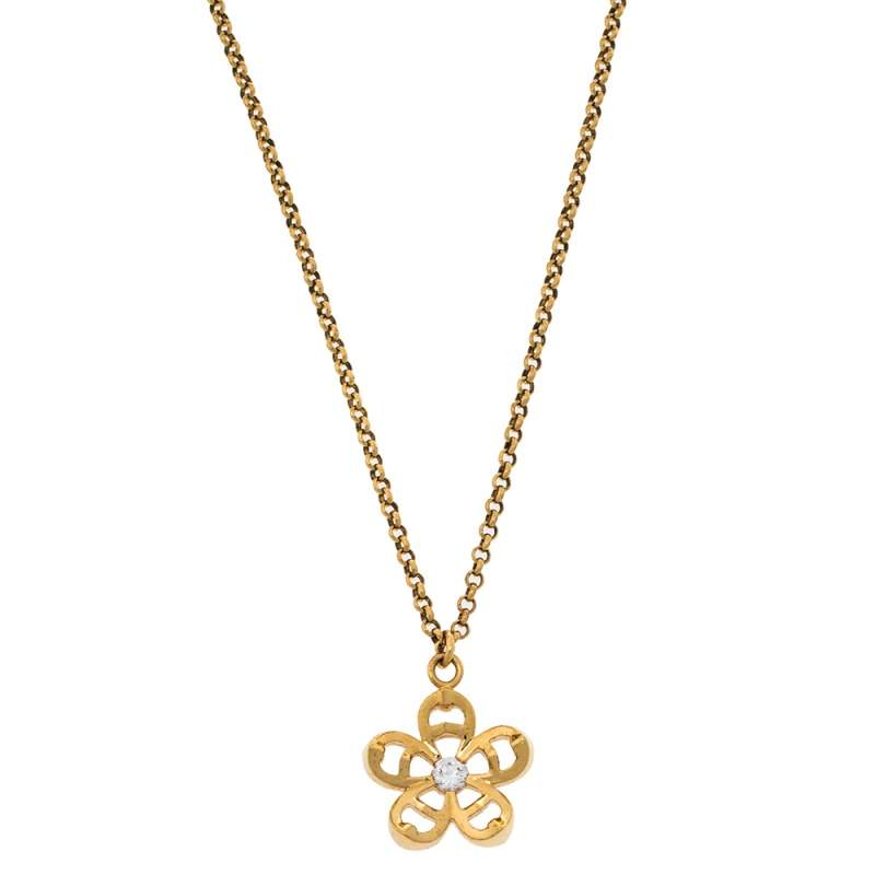 Pre Owned Aigner Gold Tone Crystal Embellished Floral Pendant Necklace 