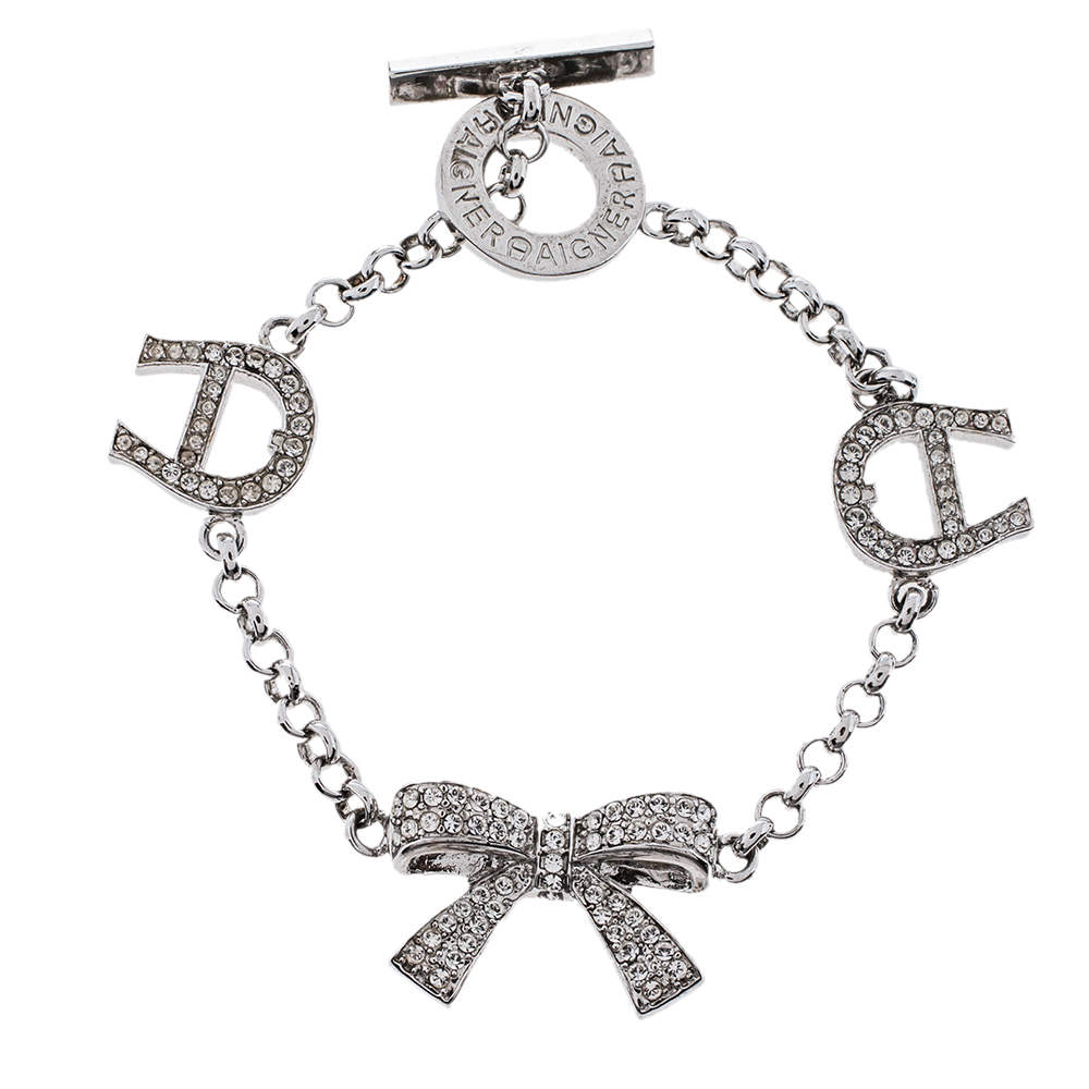 Aigner Silver Tone Crystal Embellished Bow Toggle Bracelet