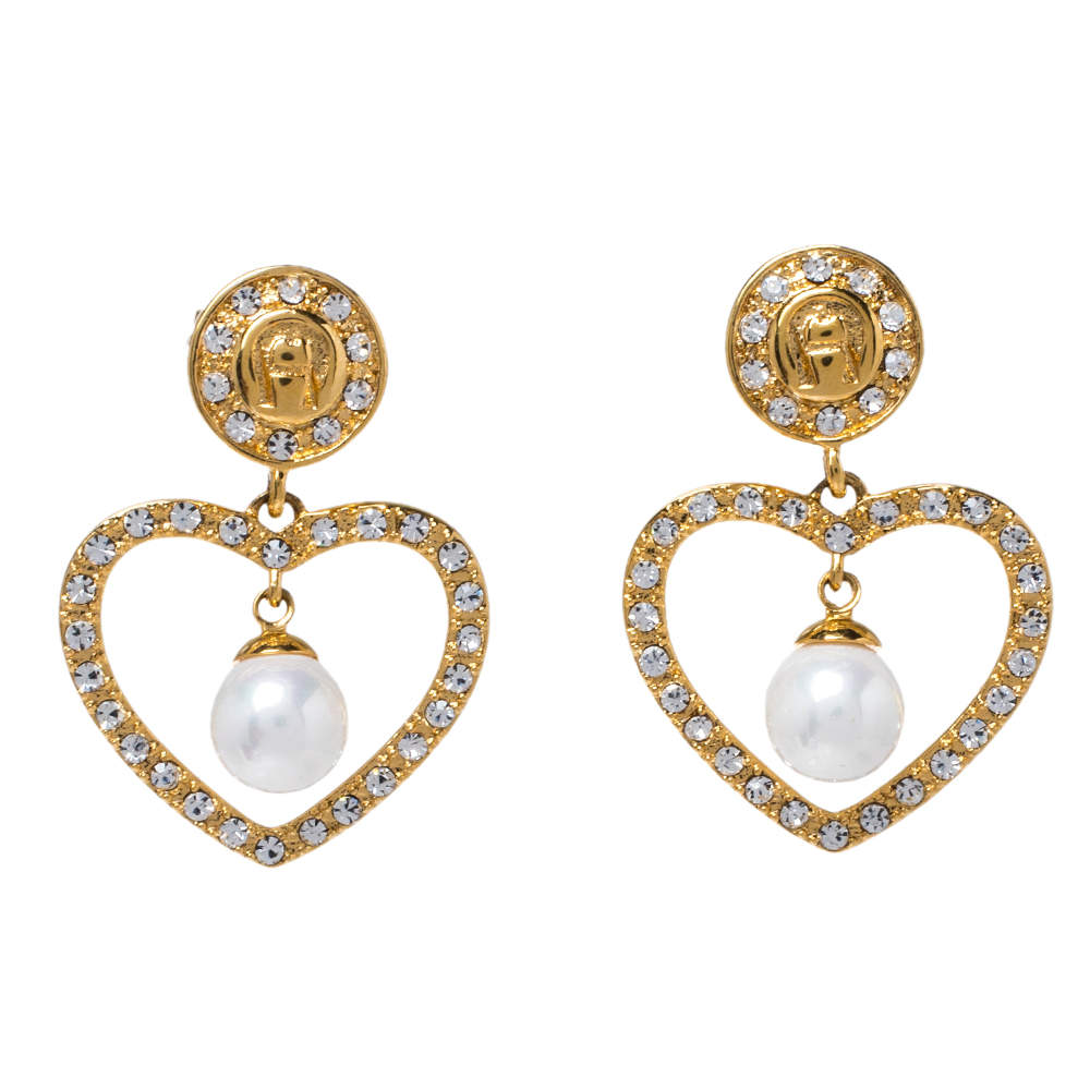 Pre Owned أقراط متدلية أيغنر قلب ذهبي اللون مزخرف كريستال و لؤلؤ صناعي