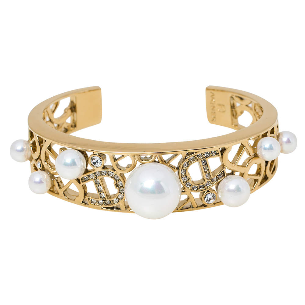  Aigner Faux Pearl Crystal Gold Tone Open Cuff Bracelet