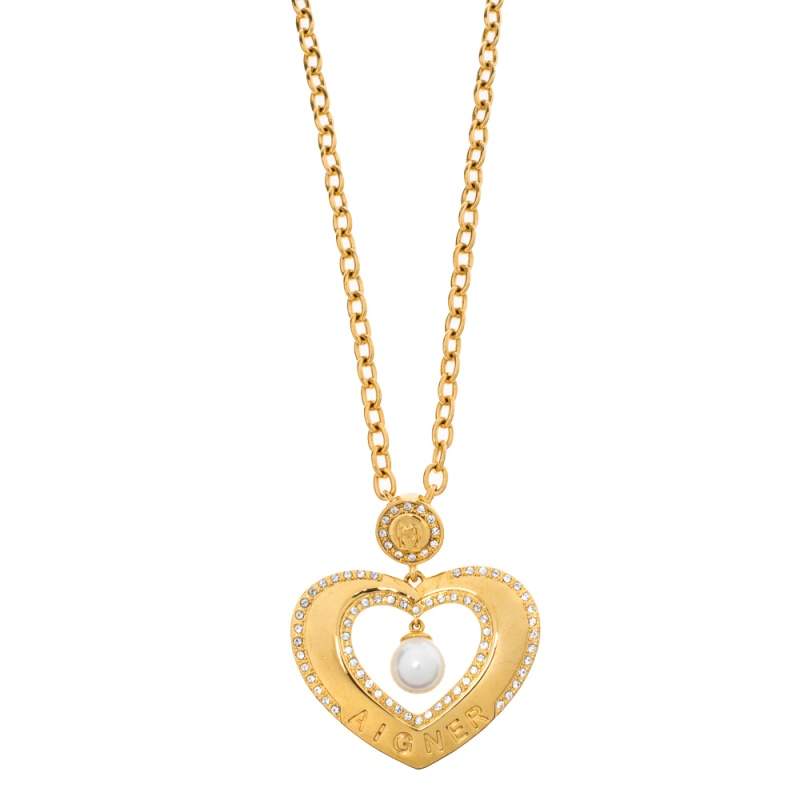 Pre Owned Aigner Heart Faux Pearl Crystal Gold Tone Necklace