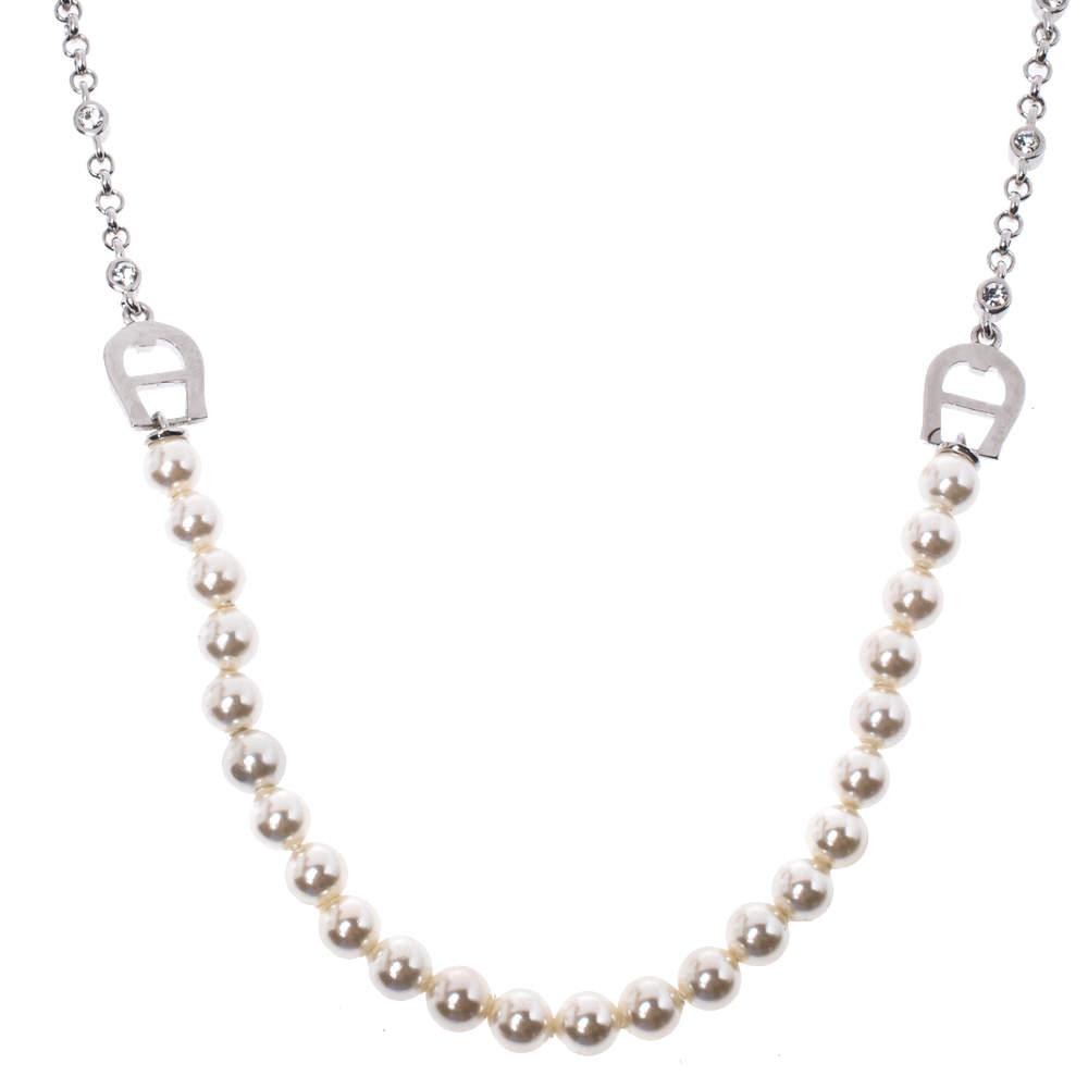 Pre Owned قلادة أيغنر معدن فضي اللون و لؤلؤ صناعي و كريستال