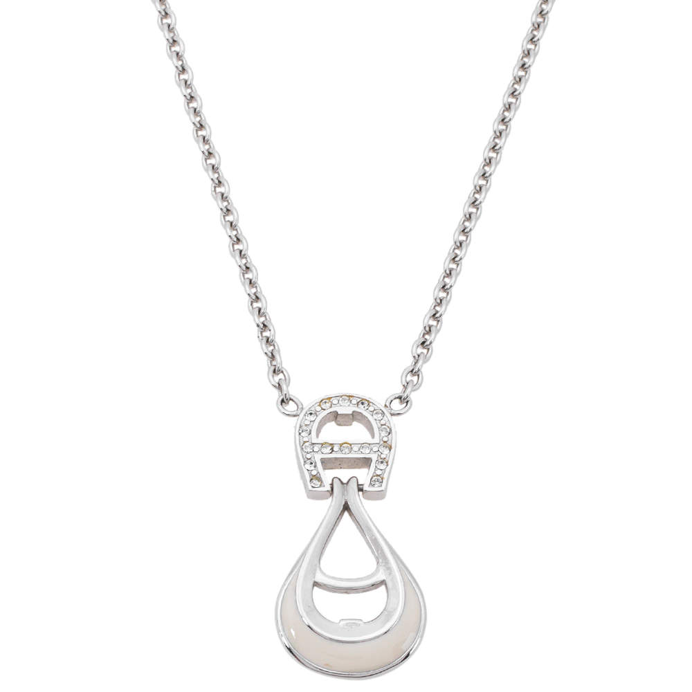 مملوكة مسبقًا Aigner Crystal Enamel Silver Tone Pendant Necklace