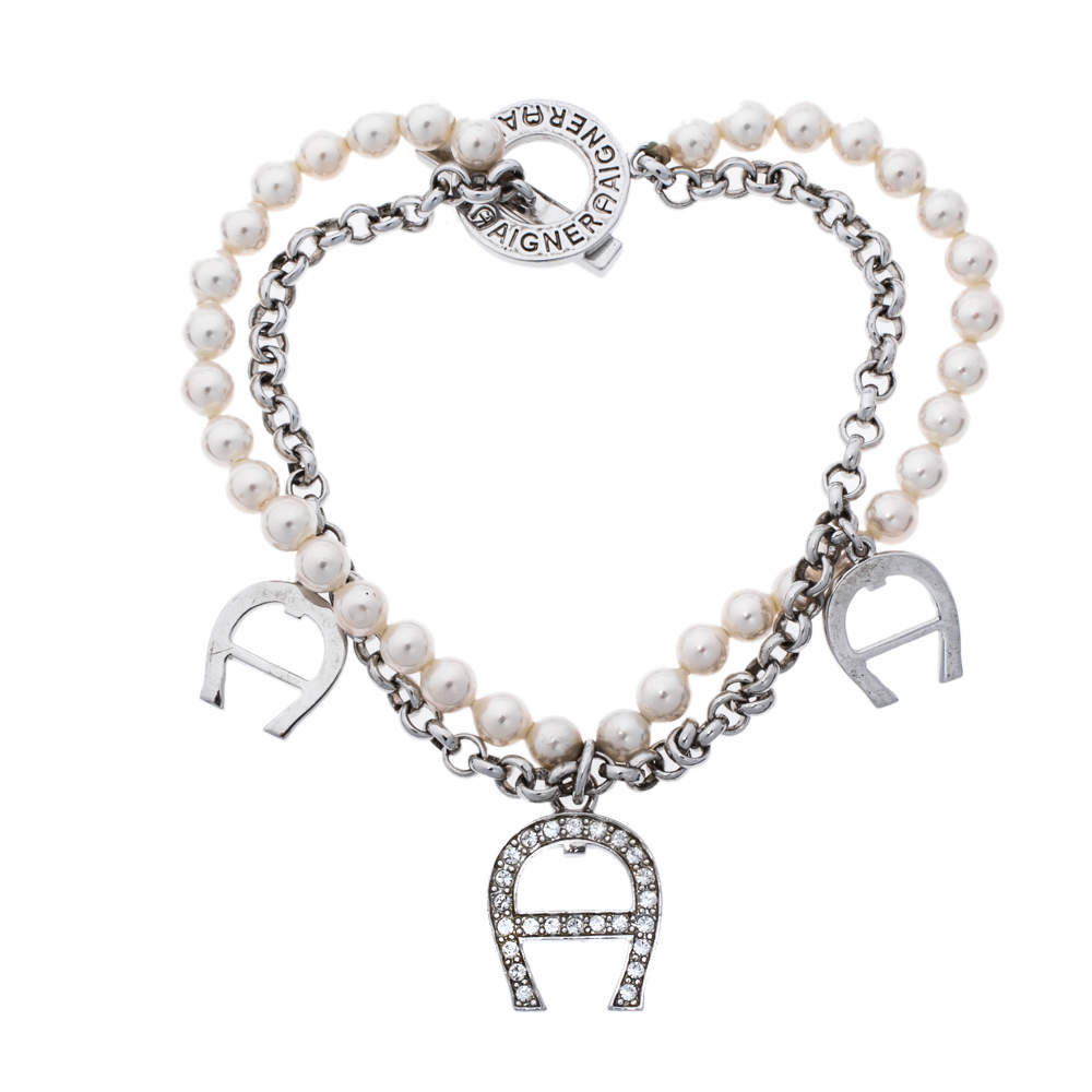Pre Owned Aigner Faux Pearl Crystal Silver Tone Double Strand Toggle Bracelet