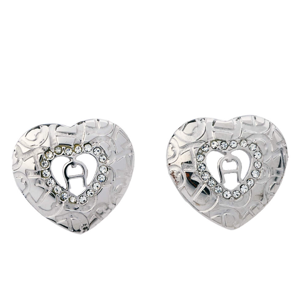 Aigner Silver Tone Heart Crystal Stud Earrings