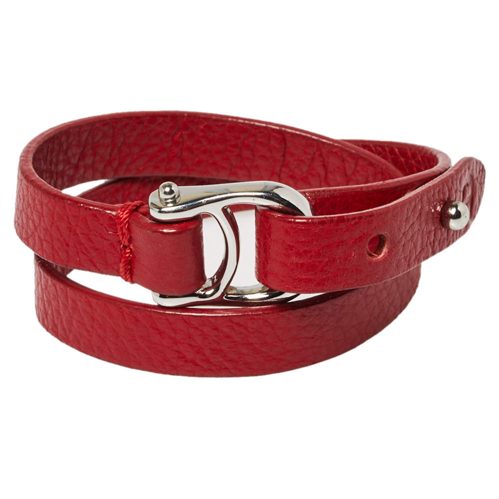 مملوكة مسبقًا Aigner Dark Red Leather Double Tour Logo Bracelet