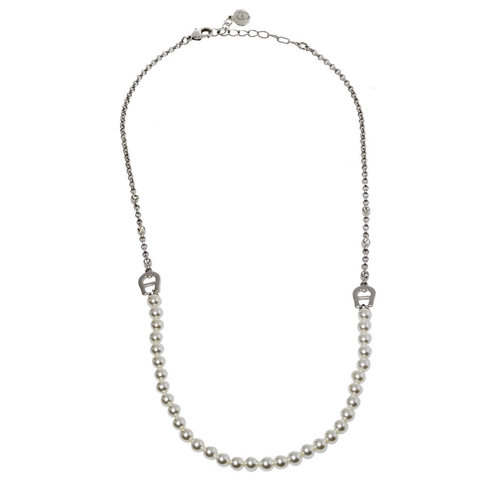 Pre Owned Aigner Crystal & Faux Pearl Silver Tone Necklace