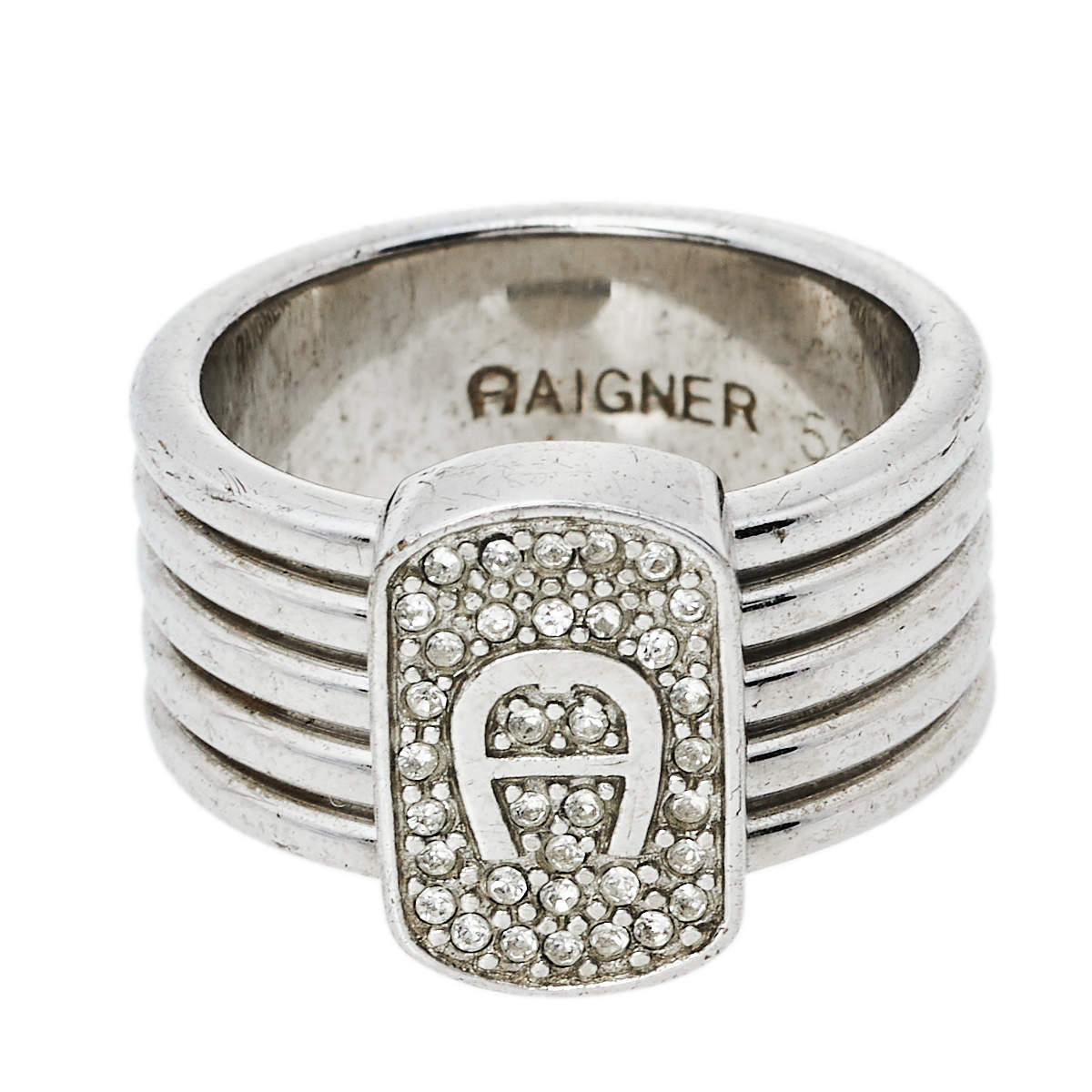 Aigner Silver Tone Crystal Logo Band Ring Size EU 56 Aigner TLC