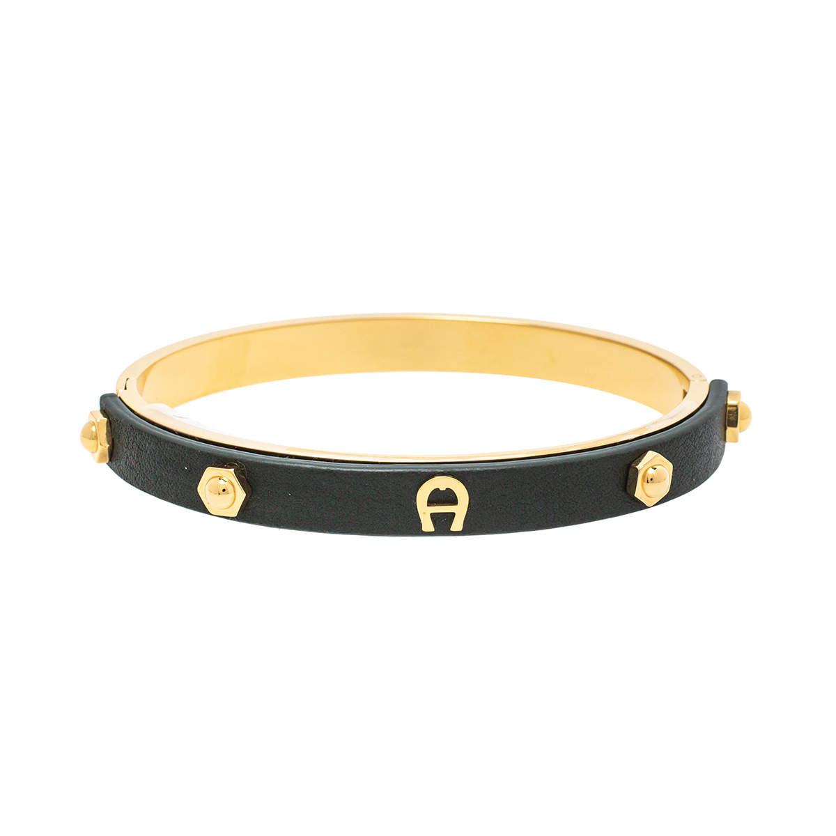 مملوكة مسبقًا Aigner Dark Green Leather Gold Tone Cuff Bracelet