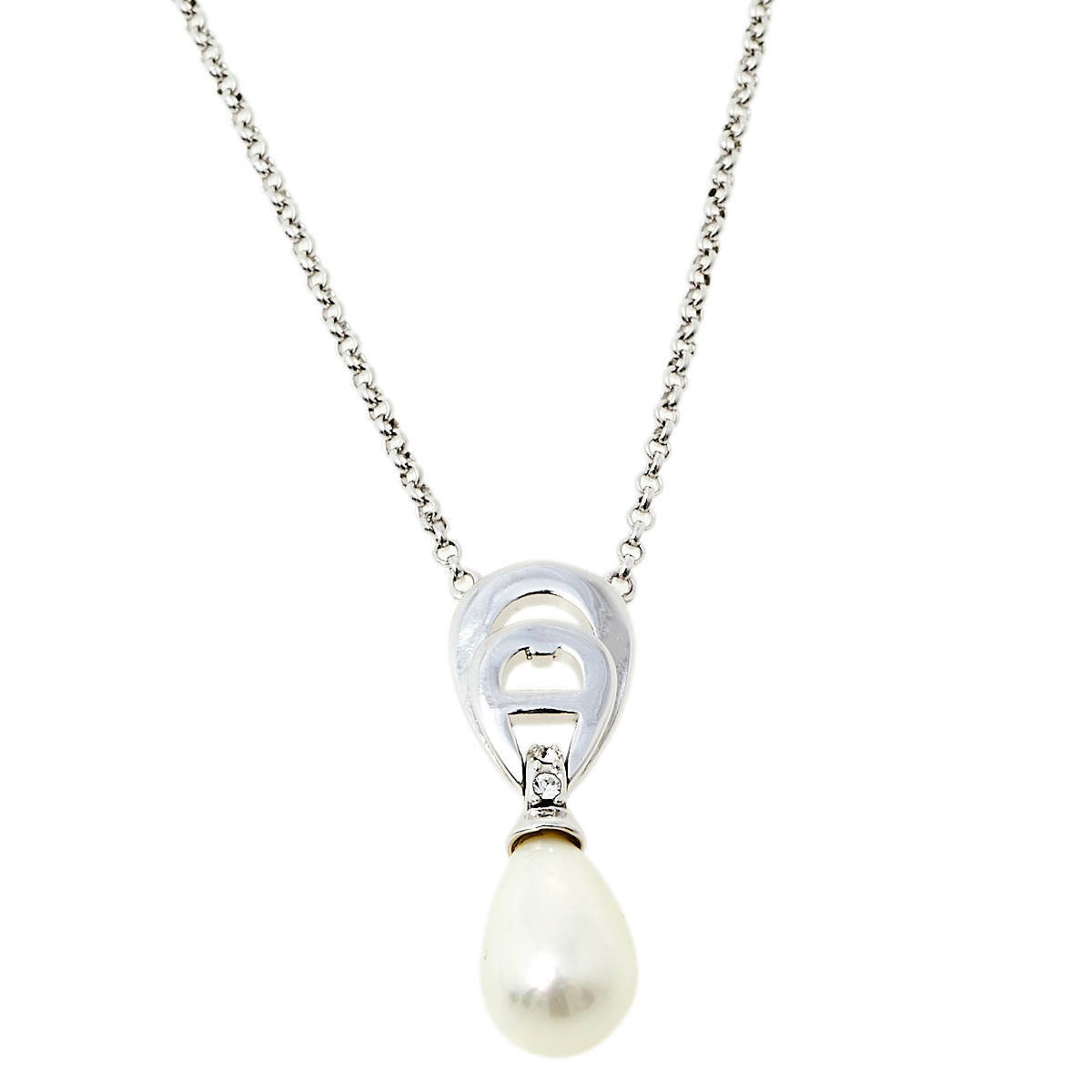 Aigner A-Logo Pearl Crystal Silver Tone Pendant Necklace