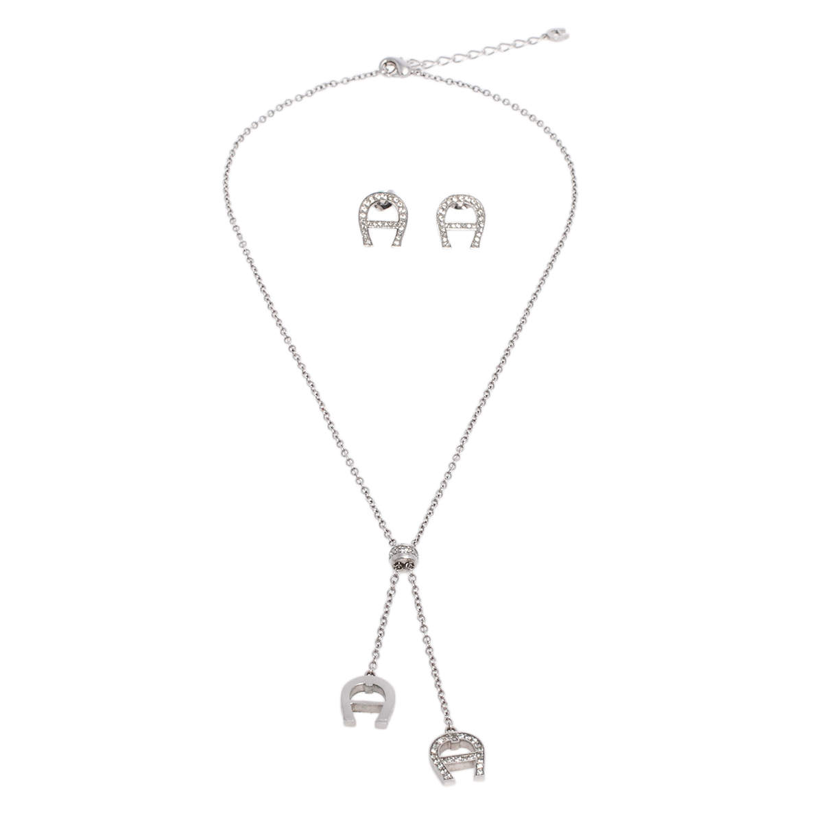 Aigner Crystal Logo Silver Tone Earrings and Necklace Set