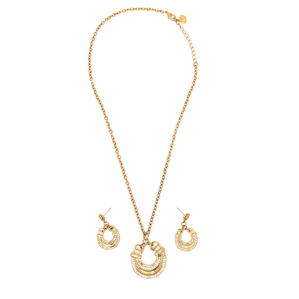 Pre Owned Aigner Gold Tone Crystal Studded Logo Necklace & Earrings Set