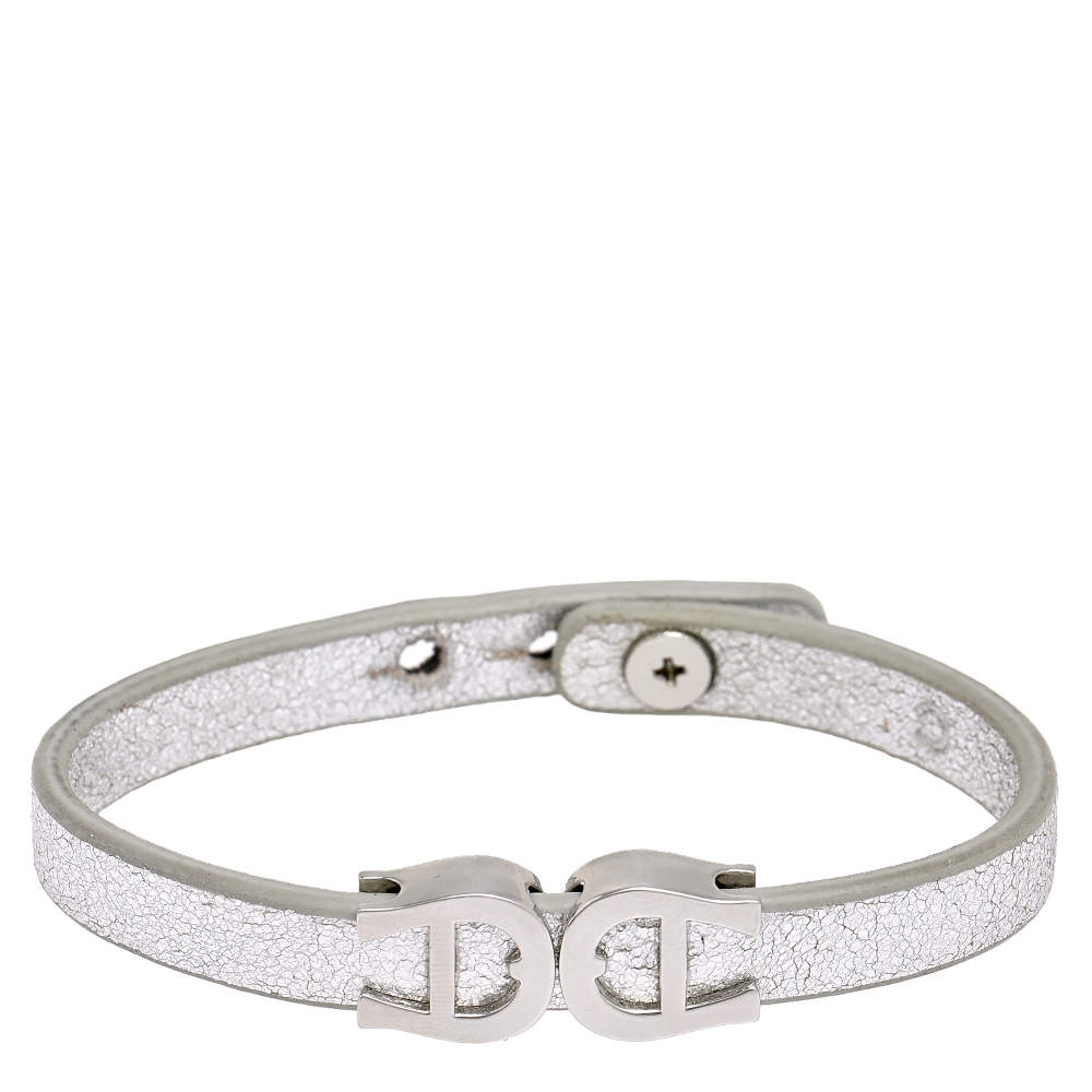 Pre Owned Aigner Silver Leather Silver Tone Logo Bracelet