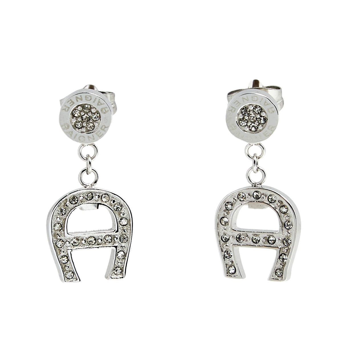 Aigner Silver Tone Crystal Logo Drop Earrings