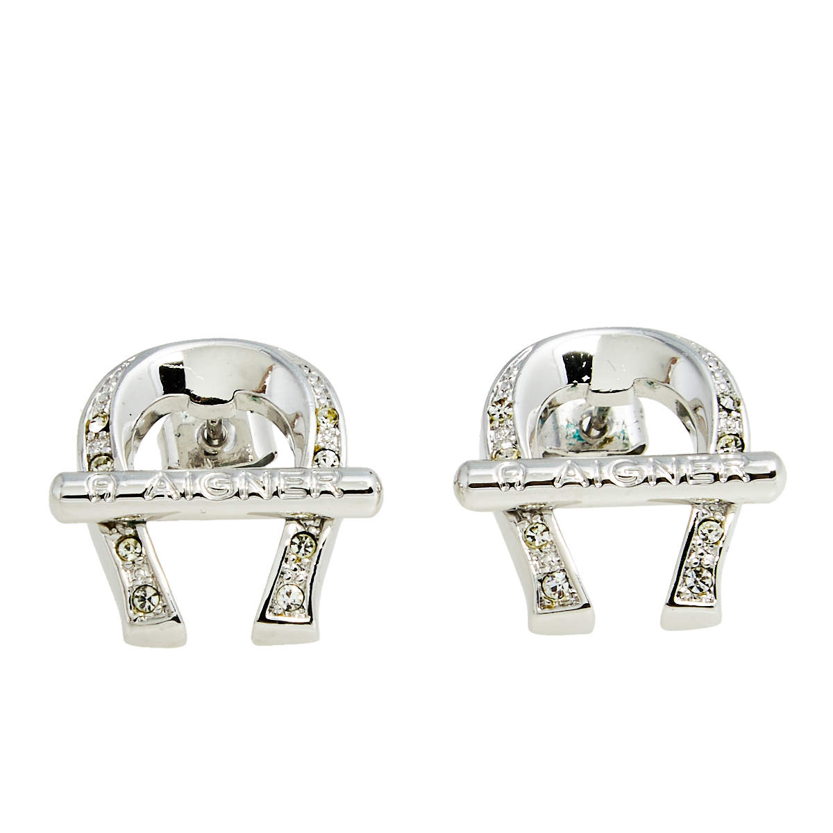 Pre Owned Aigner Silver Tone Crystal Logo Stud Earrings