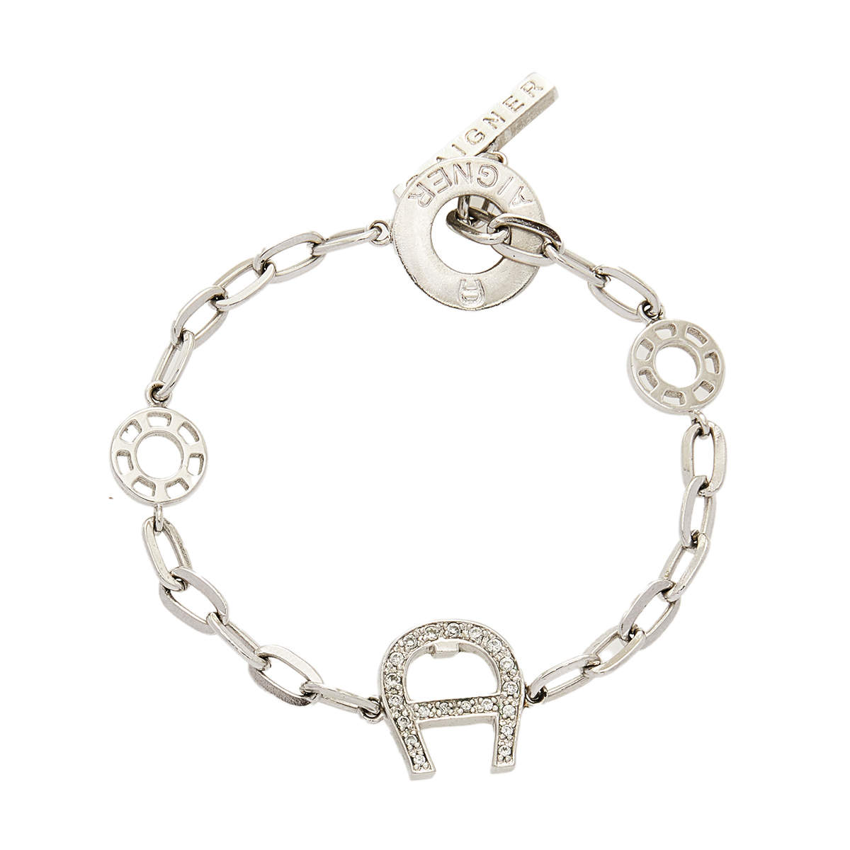 Aigner Silver Tone Crystal Logo Toggle Bracelet
