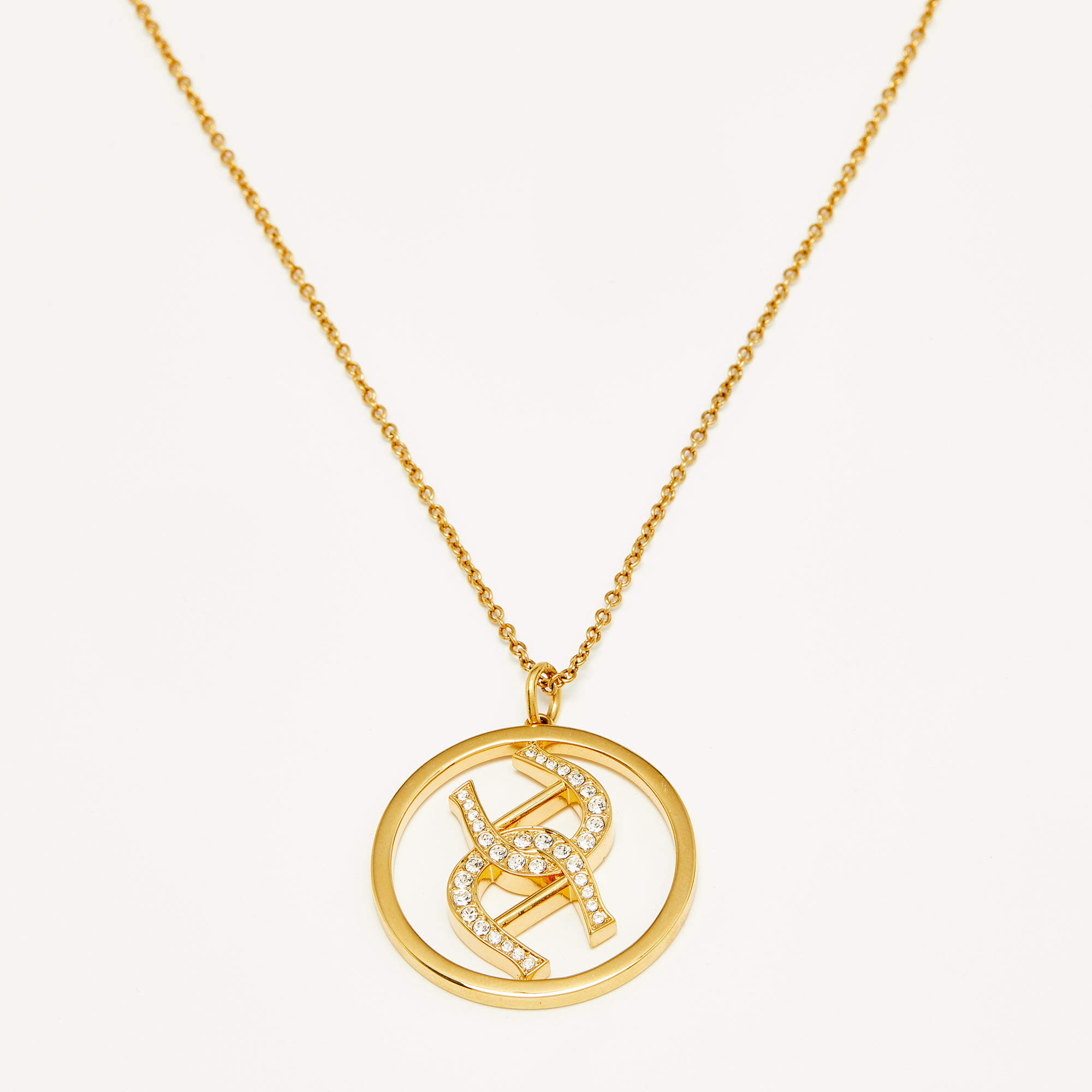 Pre Owned Aigner Double-A Logo Crystal Gold Tone Metal Circular Pendant Necklace