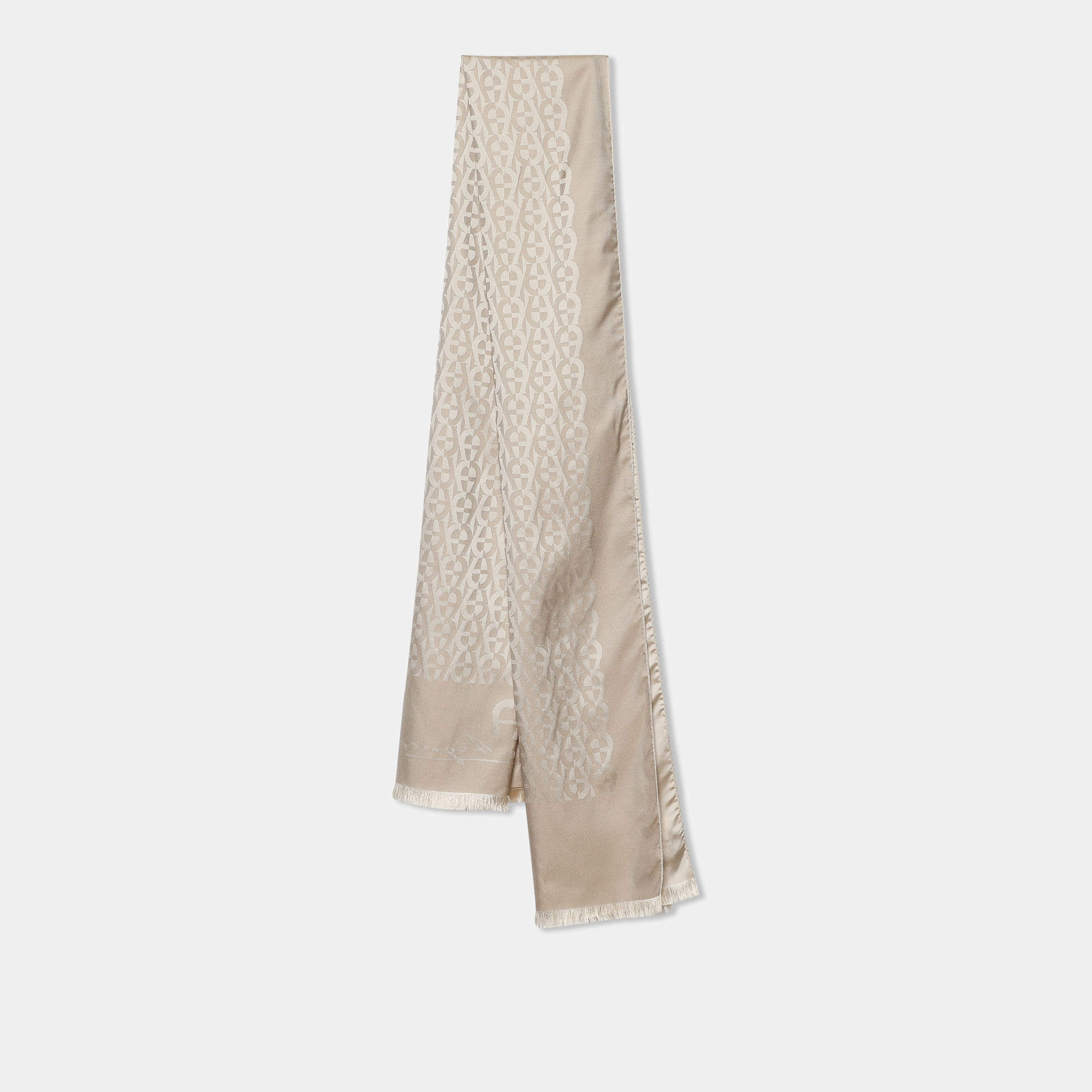 Aigner Cream Logo Silk Jacquard Fringe Trim Scarf