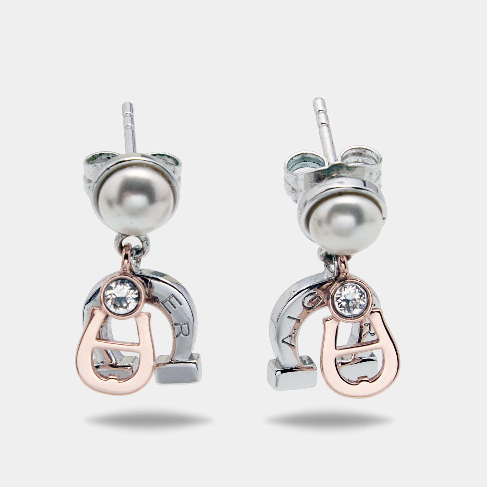 Pre Owned Aigner Faux Pearl Crystals Two Tone Metal Earrings