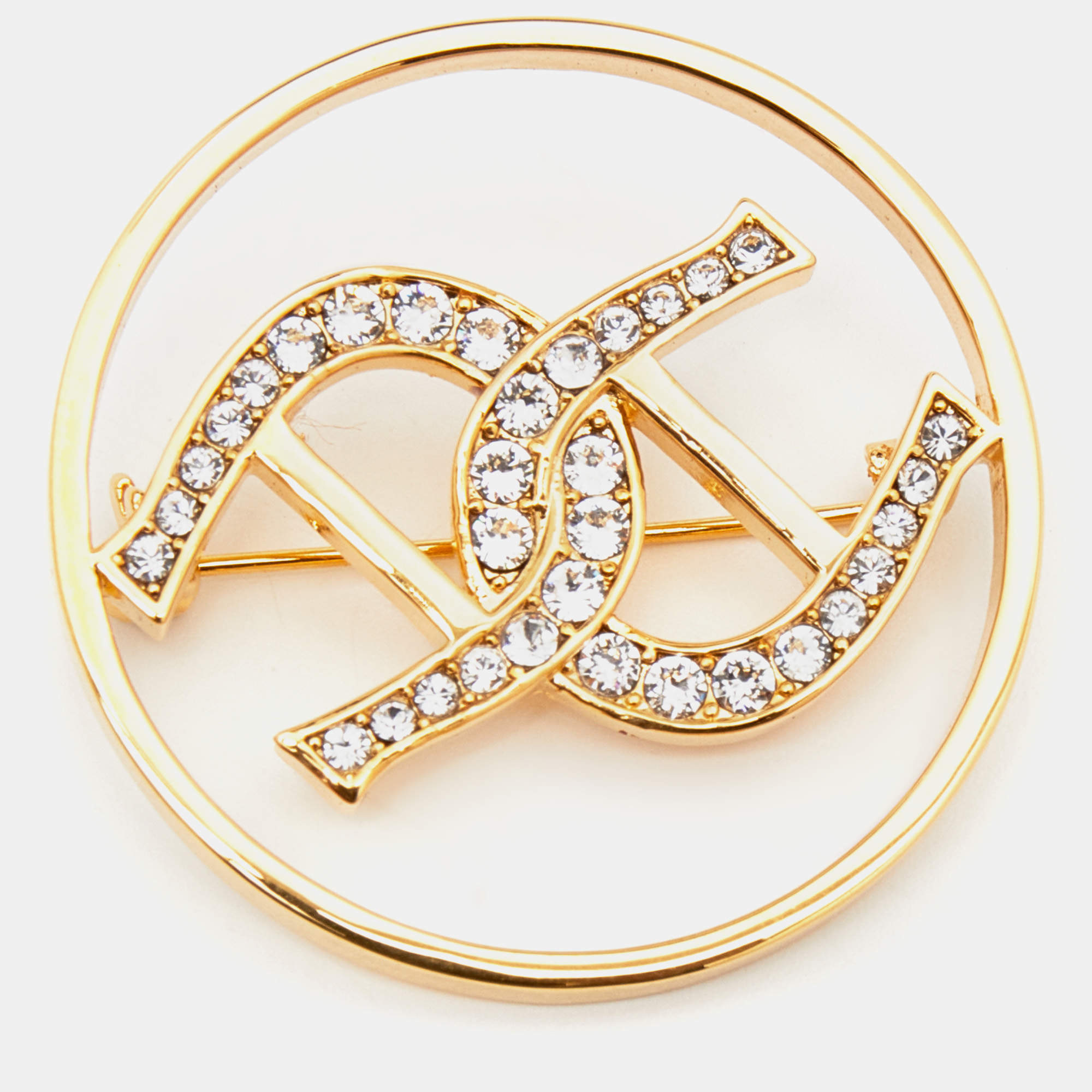 Pre Owned Aigner Gold Tone Double Crystal Logo Pin Brooch