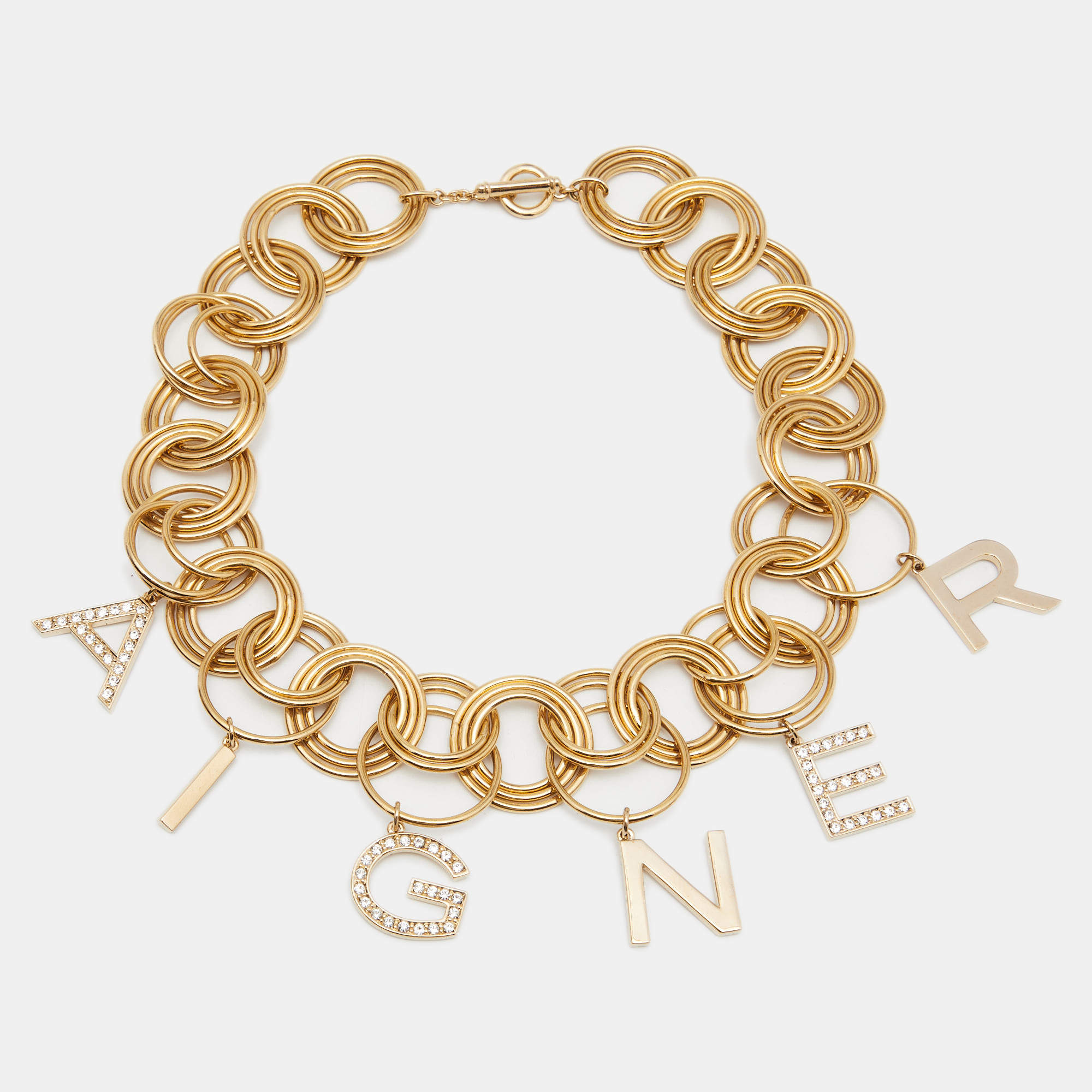 Pre Owned Aigner Gold Tone Crystal Logo Charm Choker Necklace