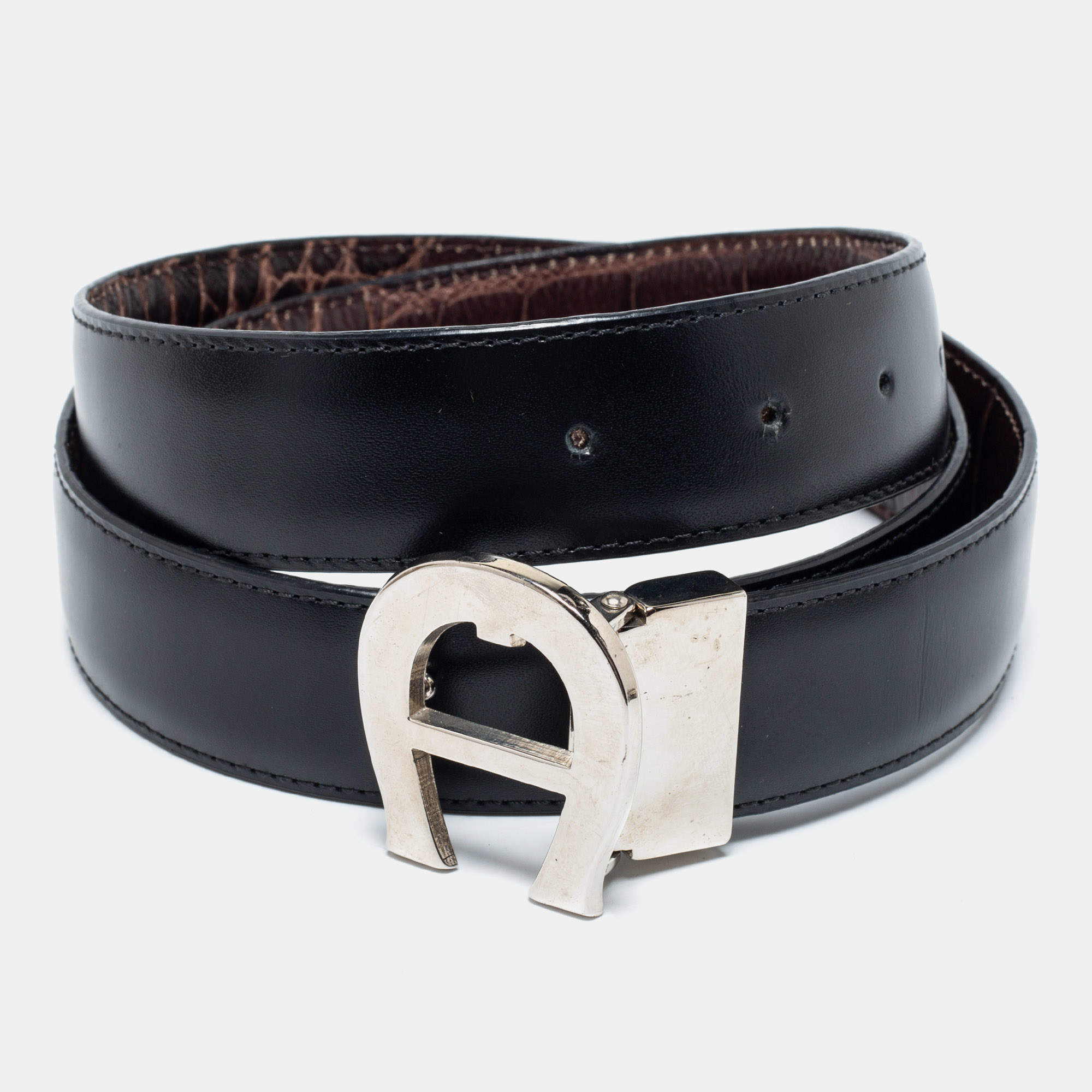 Pre Owned Aigner Black/Dark Brown Croc Embossed and Leather Logo Reversible Cut To Size Belt