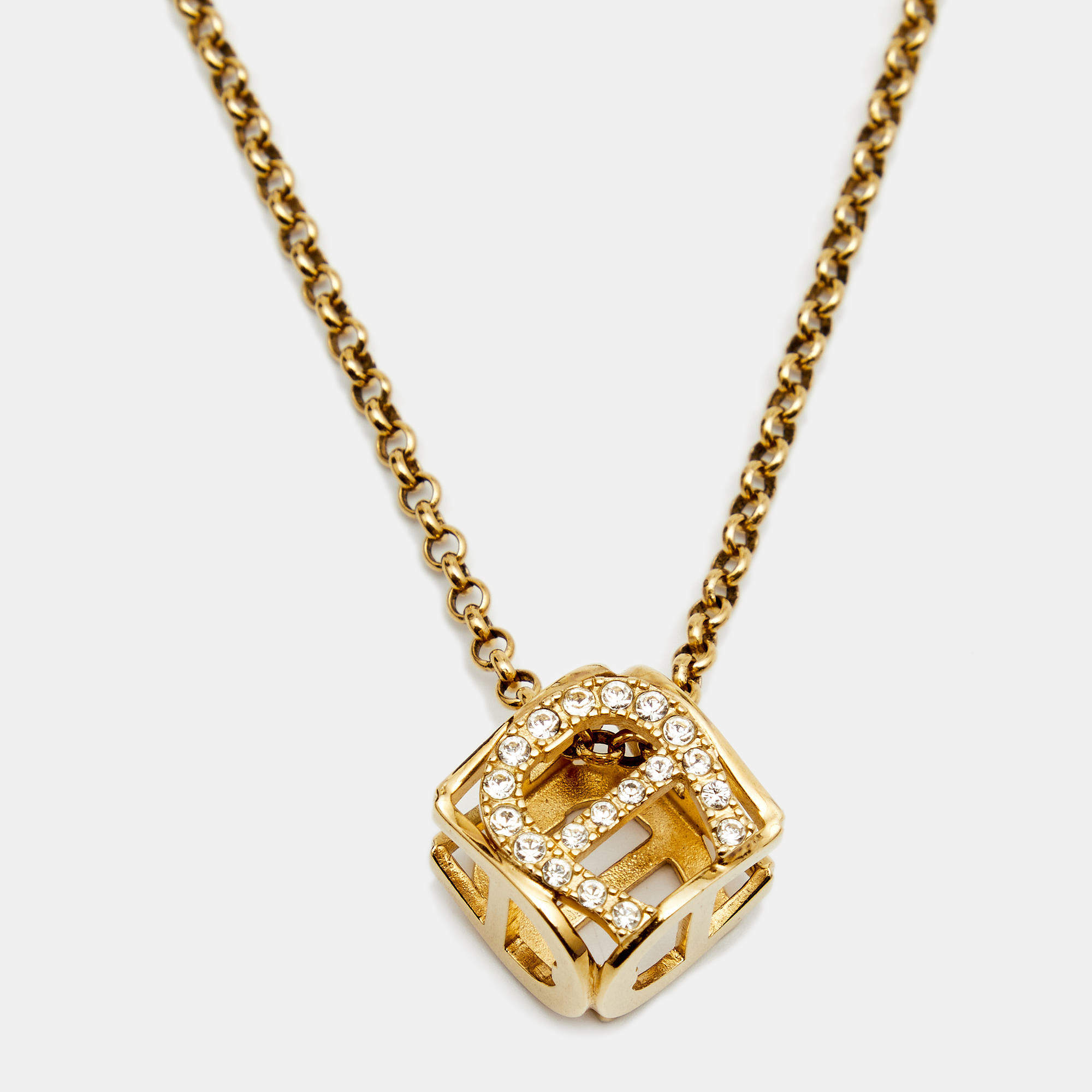 Pre Owned Aigner Gold Tone Crystal Cube Pendant Necklace
