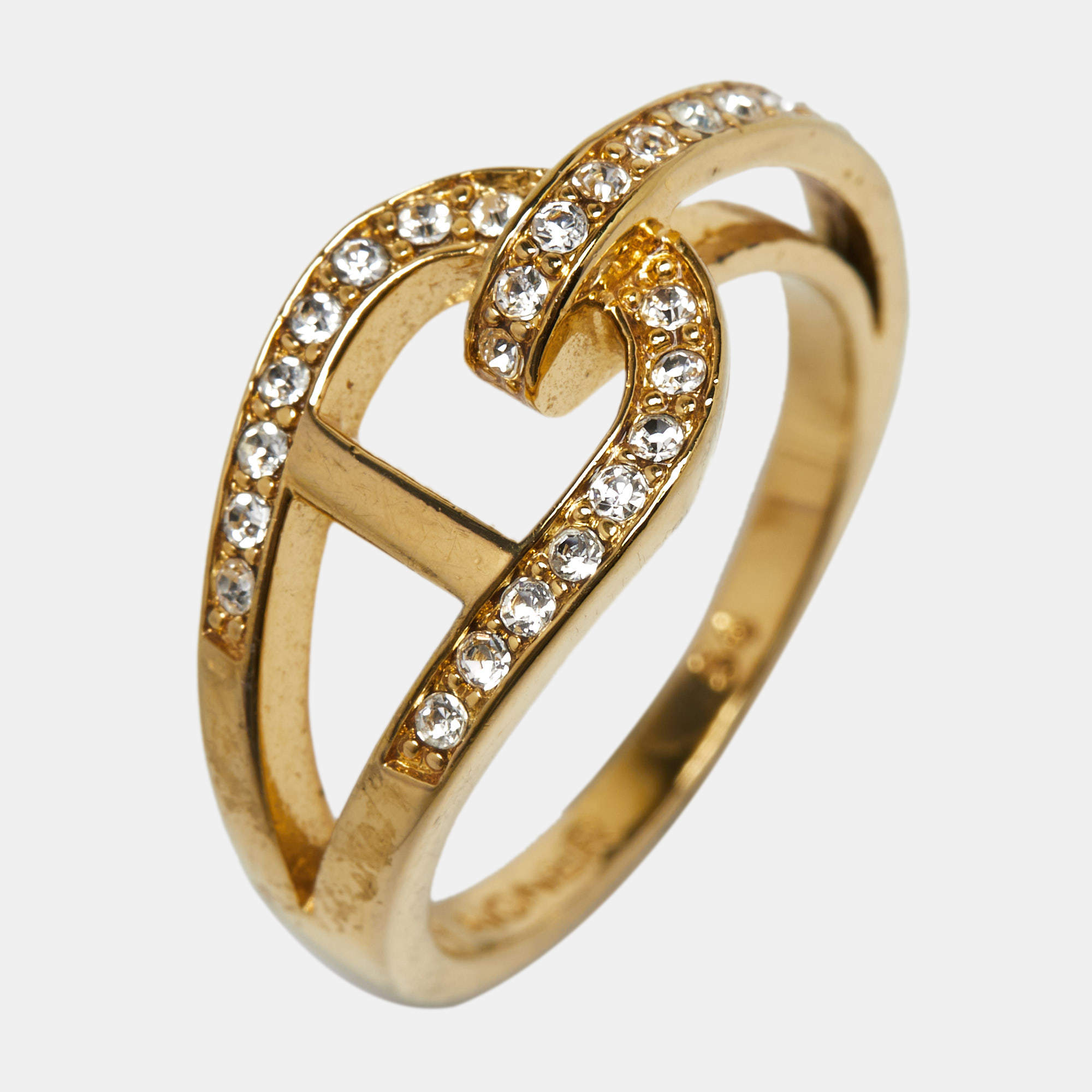 Pre Owned Aigner Gold Tone Crystal Embellished Logo Ring Size EU 54