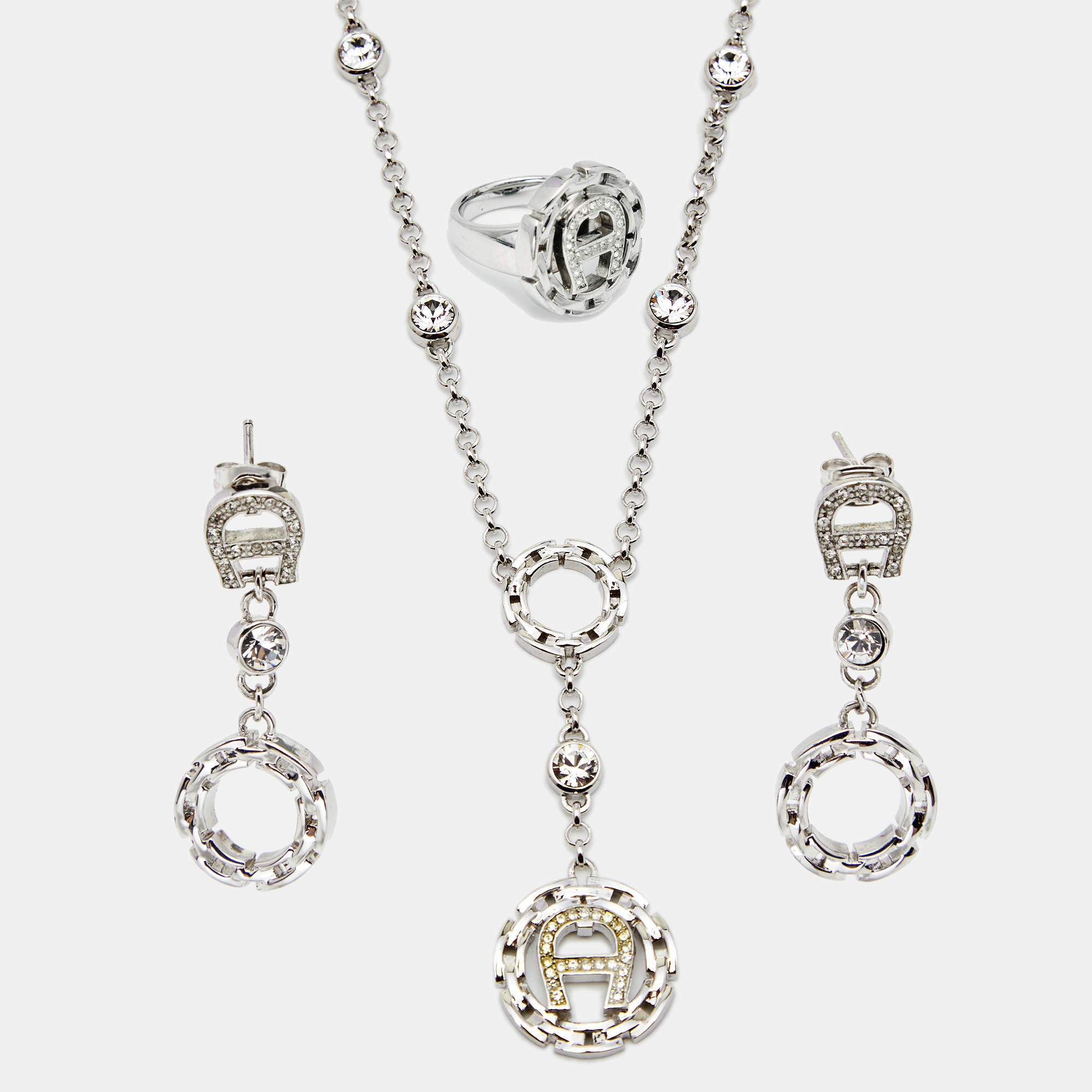 Aigner Silver-Tone Chain Link Crystal Pendant Necklace, Earrings & Ring Set